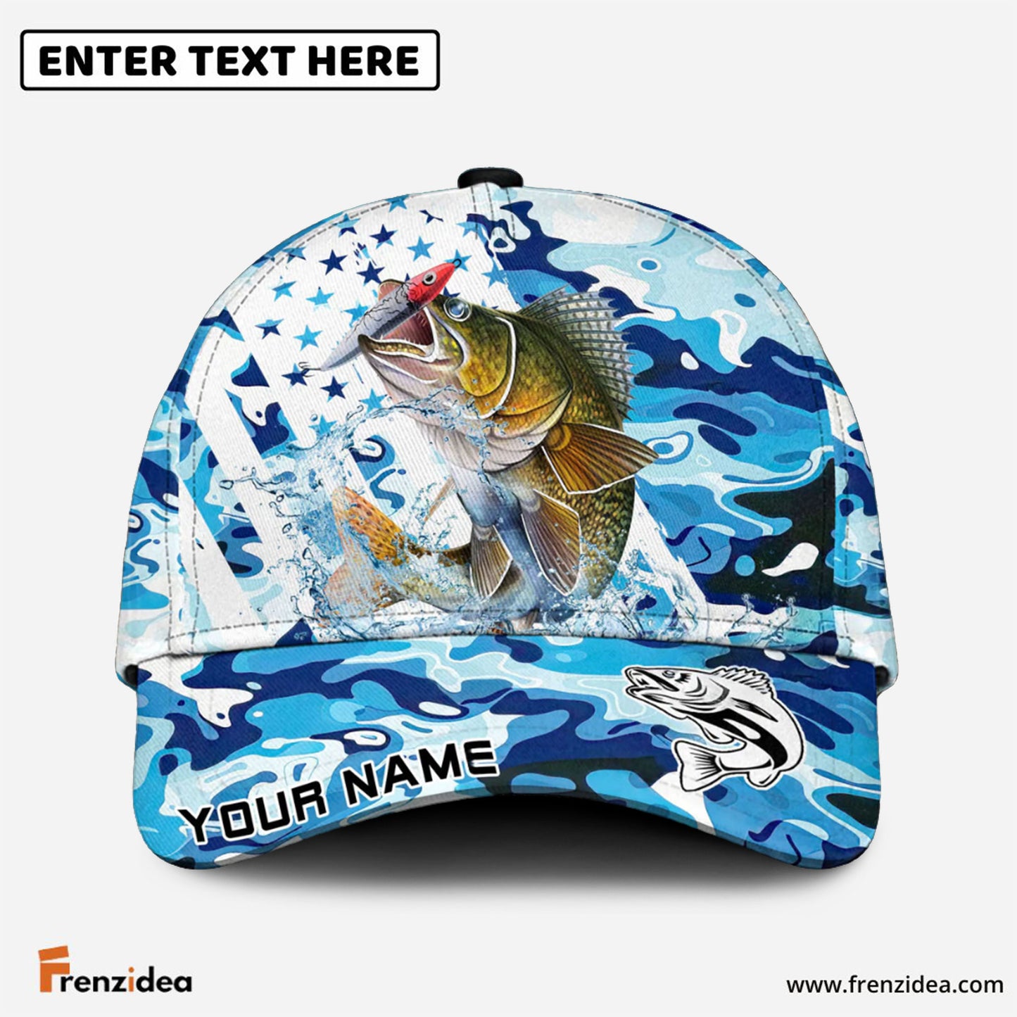Frenzidea Walleye Fishing Blue White American Flag Personalized Cap