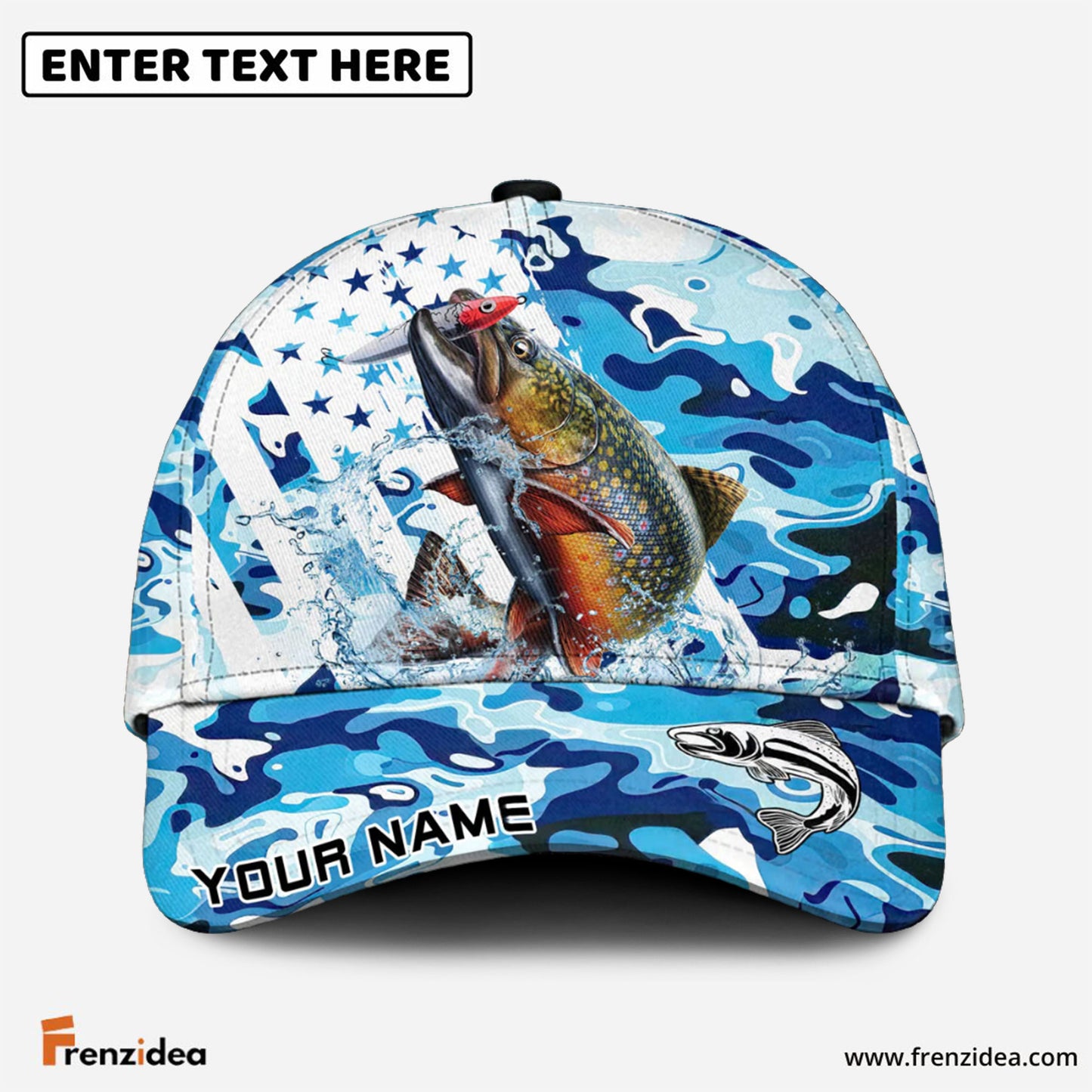 Frenzidea Trout Fishing Blue White American Flag Personalized Cap