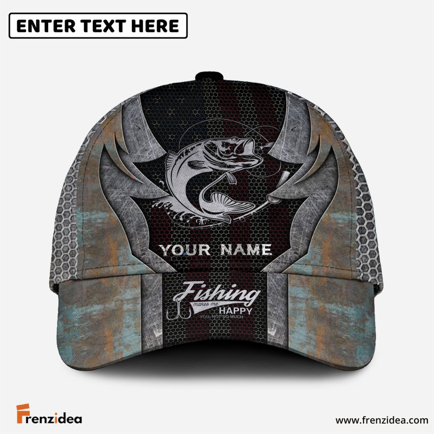 Frenzidea Personalized Walleye Fishing American Flag Rusty Metal Pattern Classic Cap