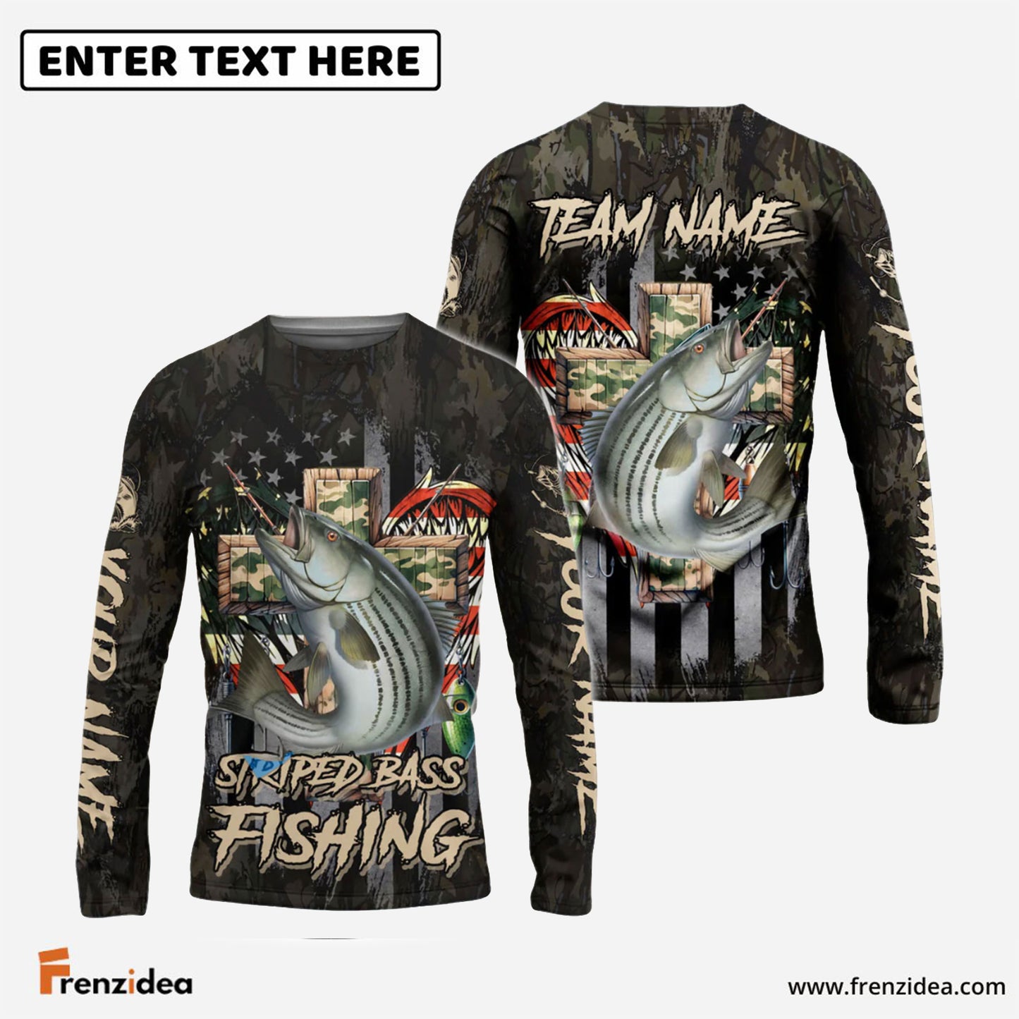 Frenzidea Striped Bass Fishing American Flag Camo Cross Gear Custom Name & Team Name 3D Shirts