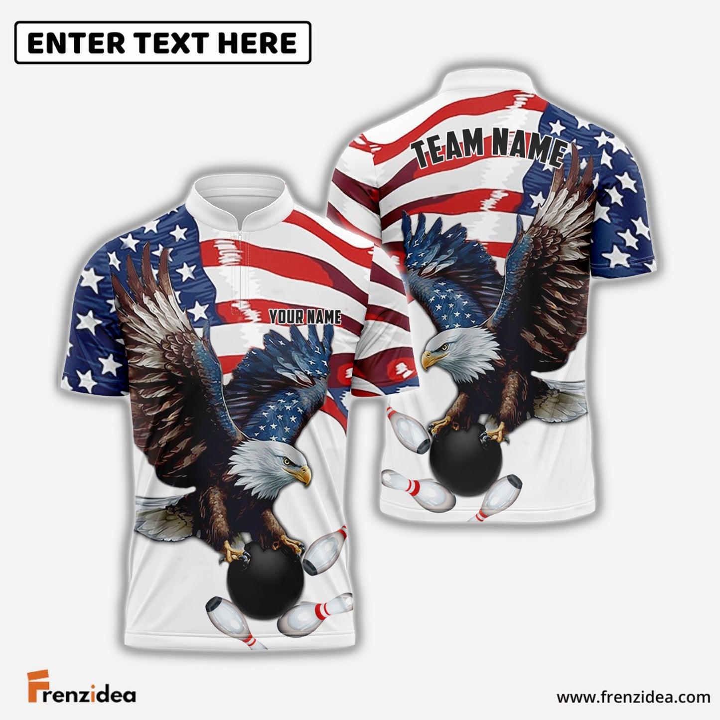 Frenzidea Bowling And Pins Eagle US Flag Retro Personalized Name, Team Name Unisex Shirt