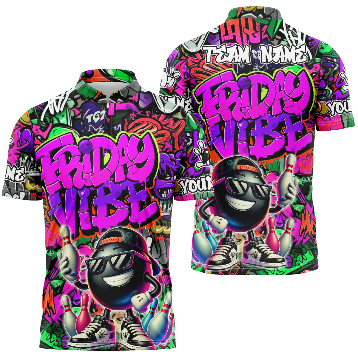 Frenzidea Bowling And Pins Friday Vibe Graffiti Street Style Customized Name, Team Name 3D Shirt (4 Colors)