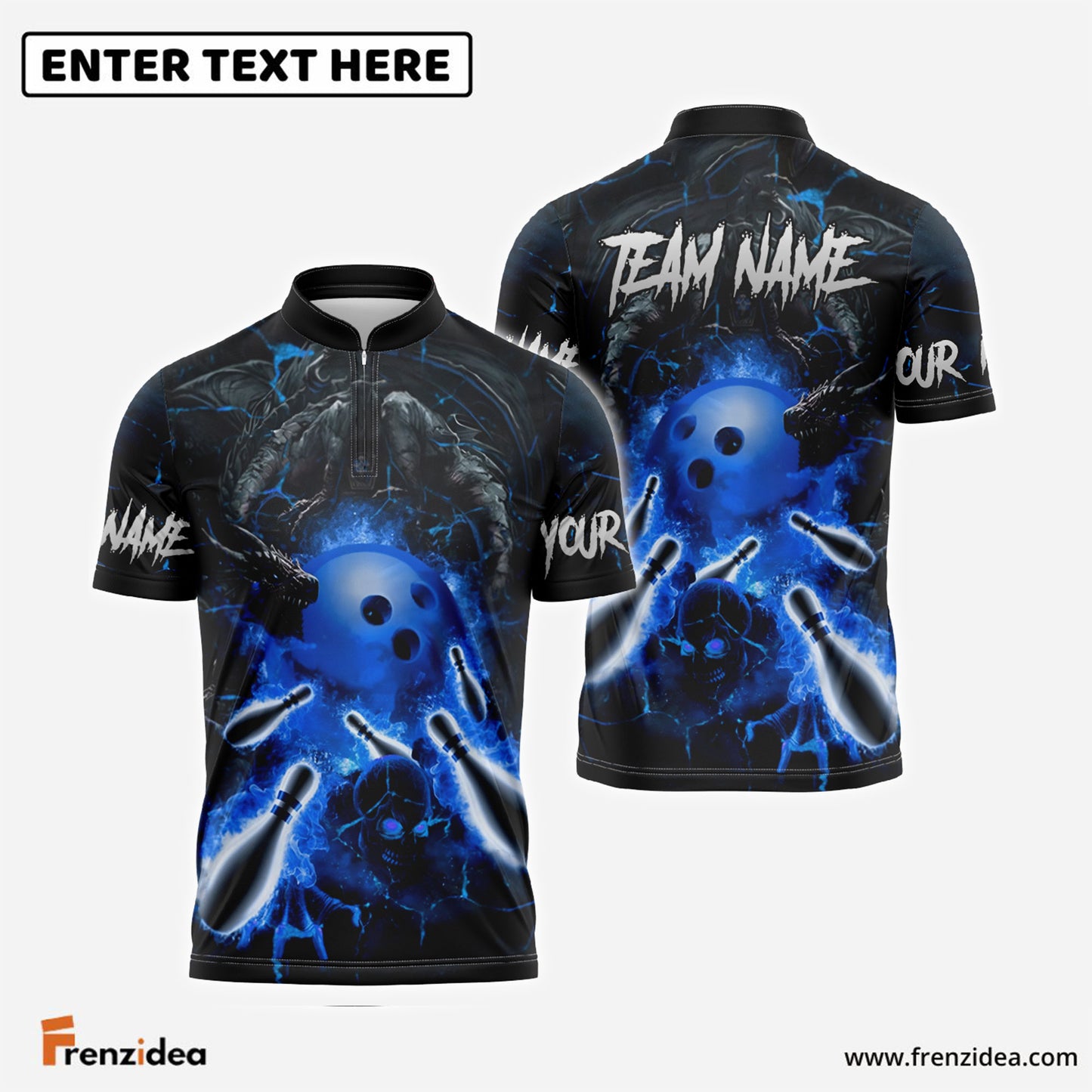 Frenzidea Bowling And Pins Dragon And Skull Multicolor Customized Name 3D Shirt ( 4 Colors )