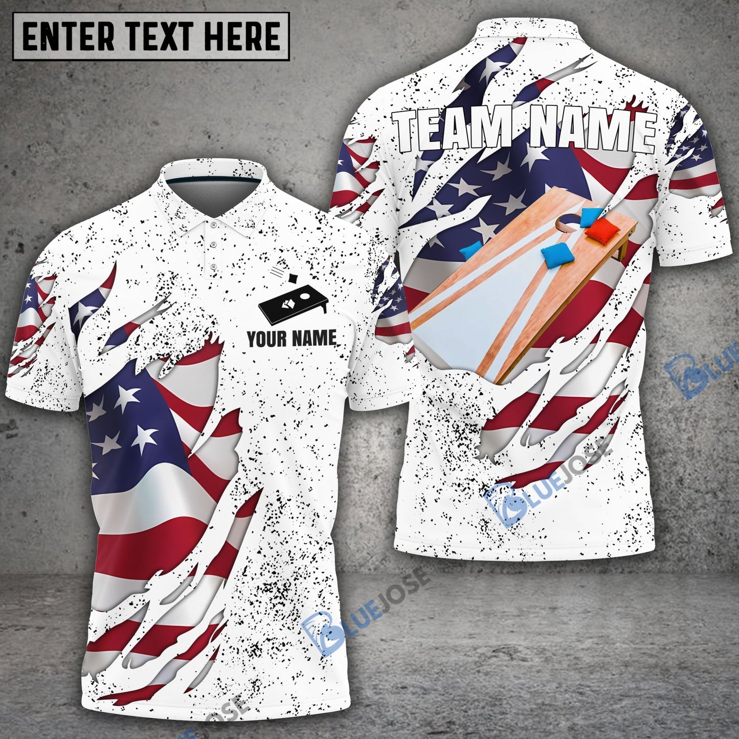 Frenzidea Cornhole American Flag White Personalized Name, Team Name Shirt