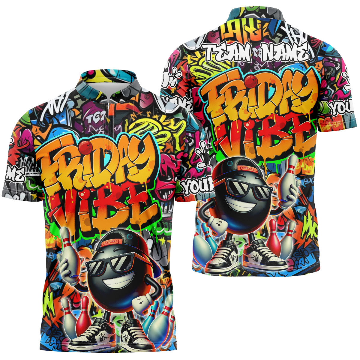 Frenzidea Bowling And Pins Friday Vibe Graffiti Street Style Customized Name, Team Name 3D Shirt (4 Colors)