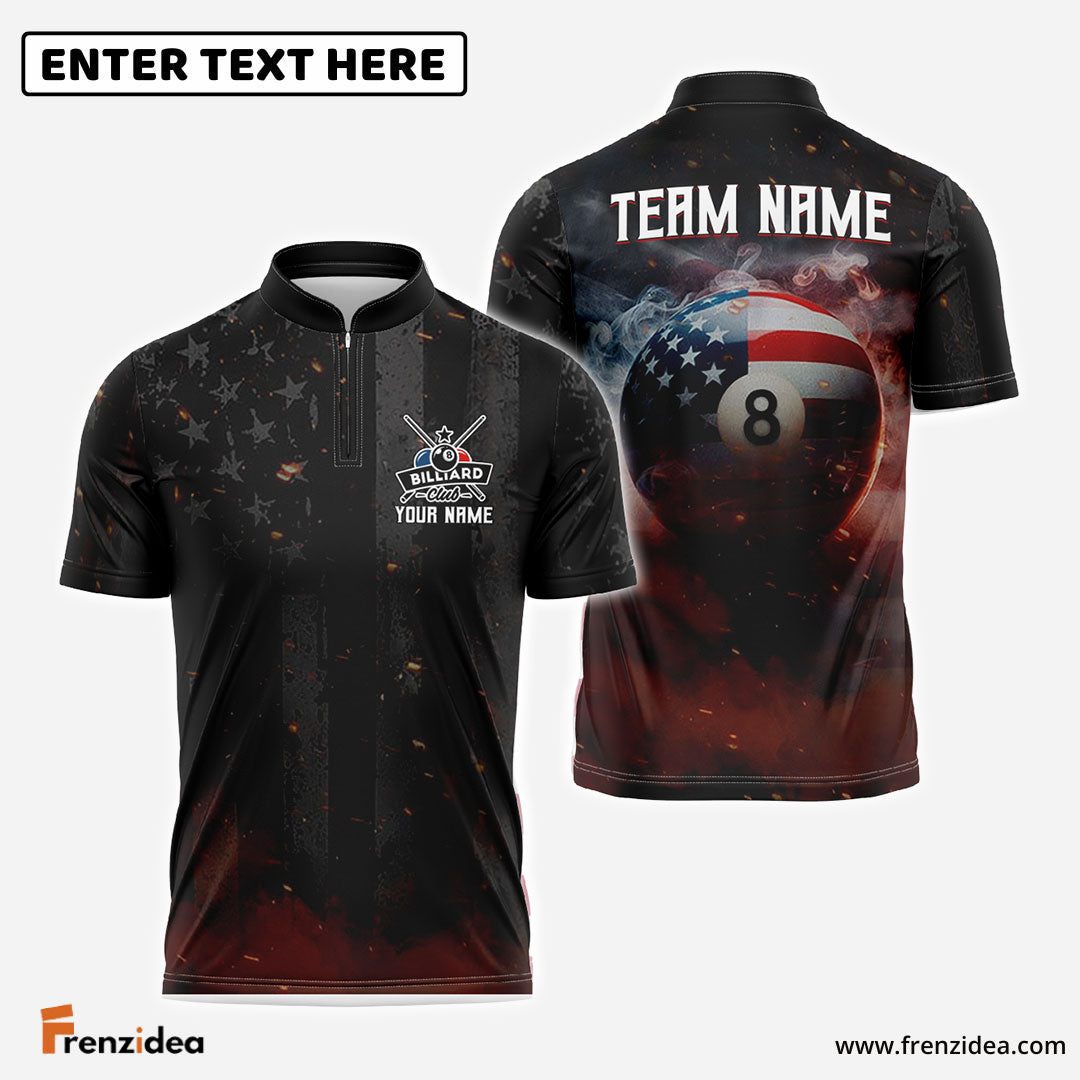 Frenzidea Billiards 8 Ball Smoke American Flag Personalized Name, Team Name Shirt