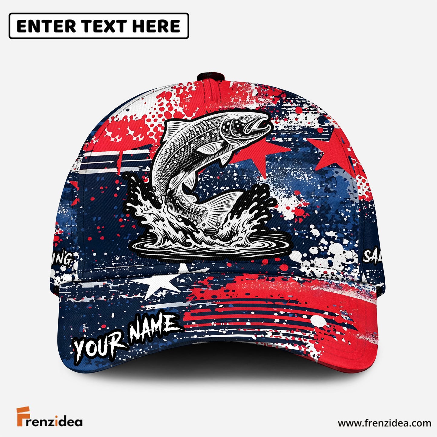 (12 Breeds) Frenzidea Fishing Patriotic Grunge Splatter Customized Name 3D Cap