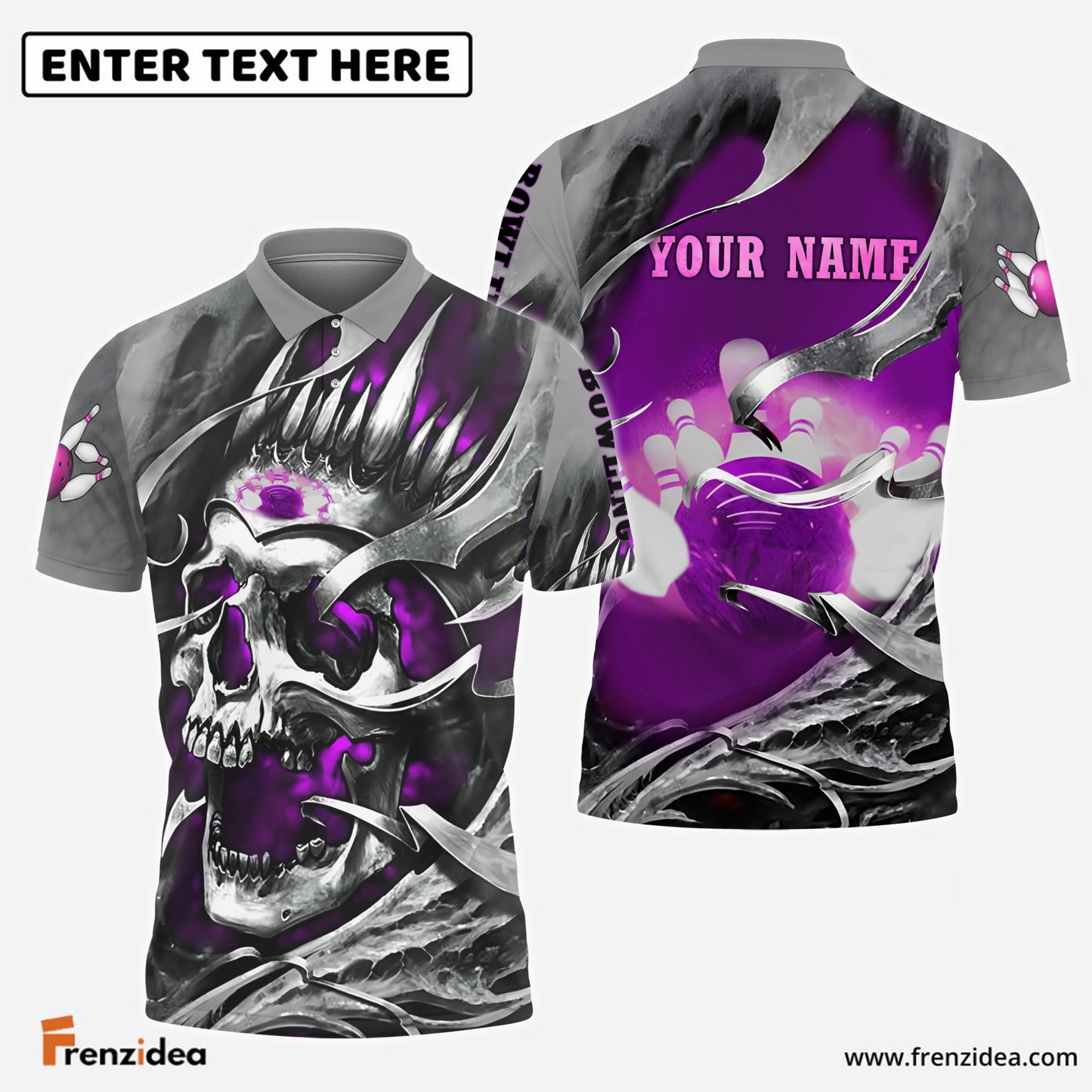 Frenzidea Bowling Skull Pattern Multicolor Customized Name 3D Polo Shirt