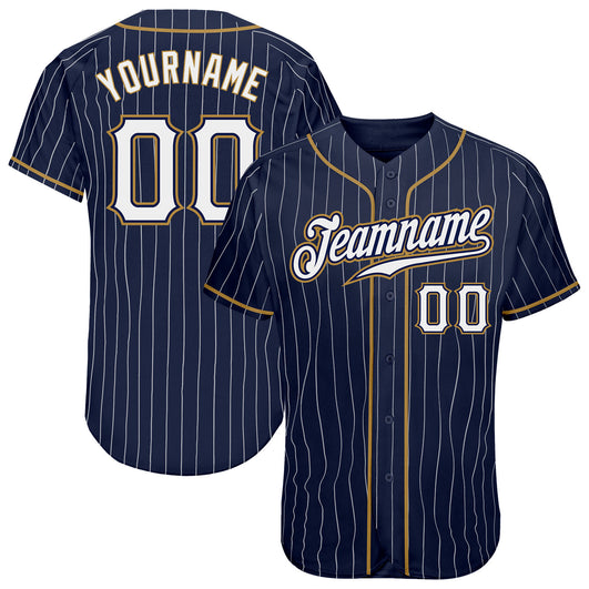 Frenzidea Custom Navy White Pinstripe White-Old Gold Authentic Baseball Jersey