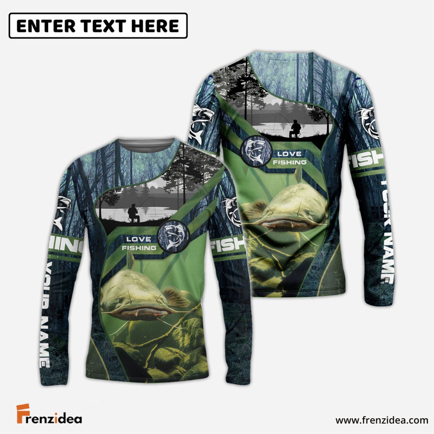 Frenzidea Customize Name Catfish Fishing Green 3D Shirts