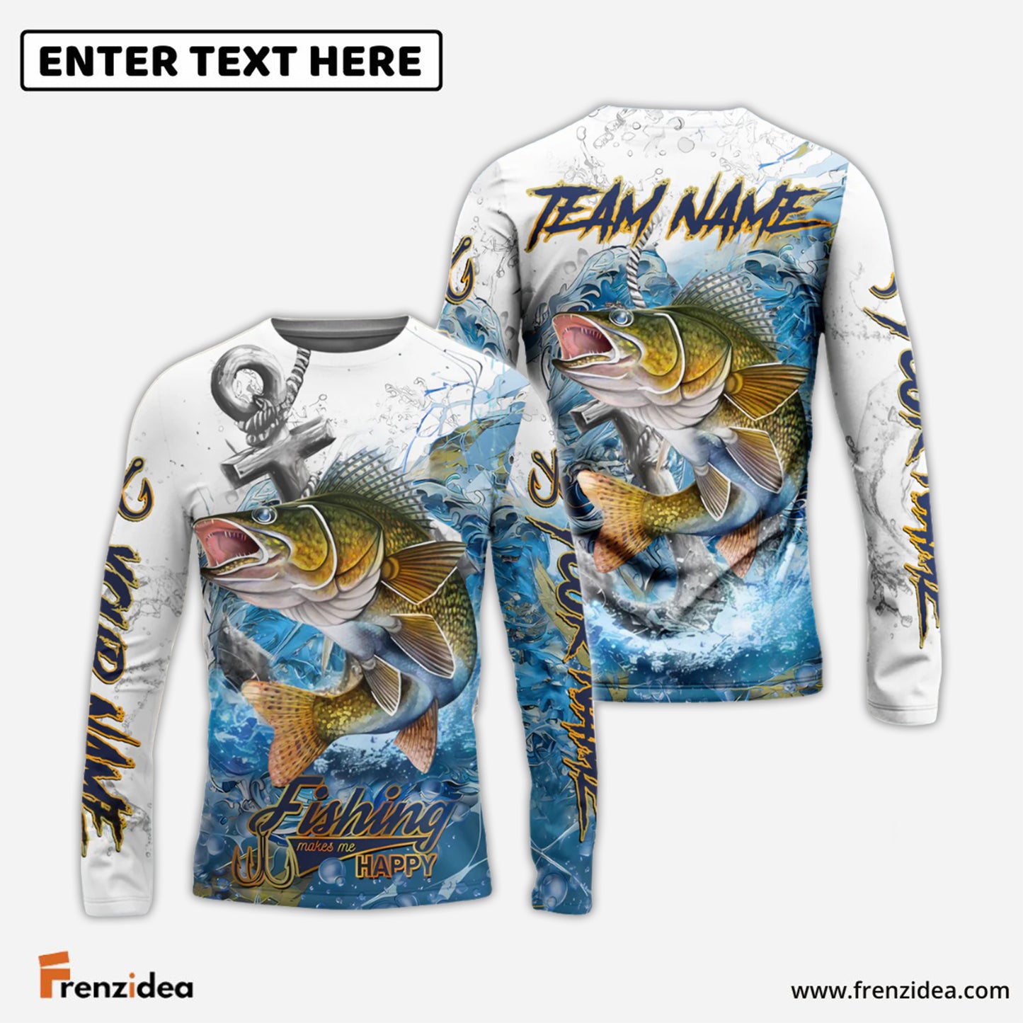 Frenzidea Walleye Fishing Anchor Ocean Splash Design Name & Team Name 3D Shirts