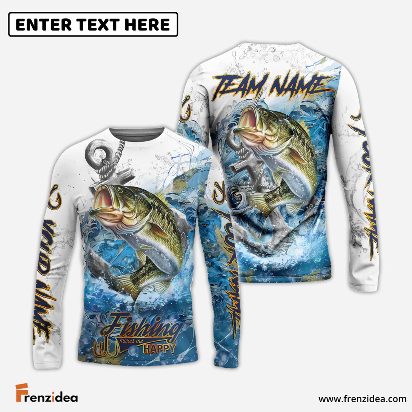 Frenzidea Bass Fishing Anchor Ocean Splash Design Name & Team Name 3D Shirts