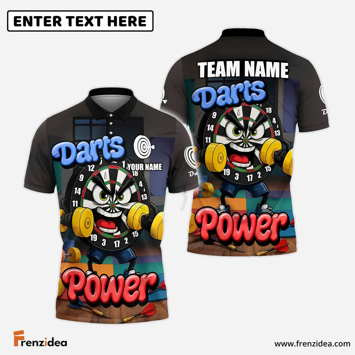 Frenzidea Darts Power Gym-Themed Cartoon Personalized Name, Team Name Shirt (4 Colors)