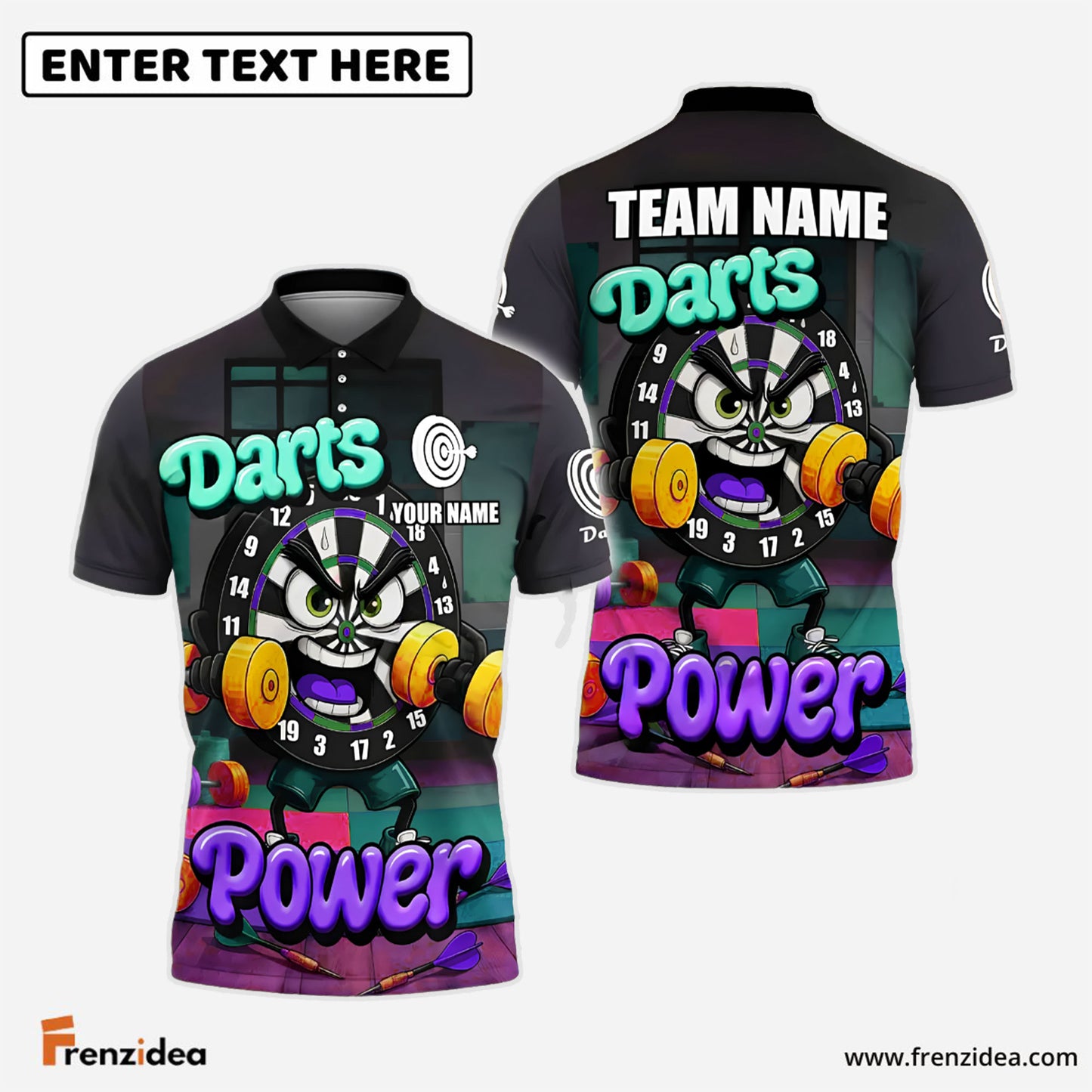 Frenzidea Darts Power Gym-Themed Cartoon Personalized Name, Team Name Shirt (4 Colors)