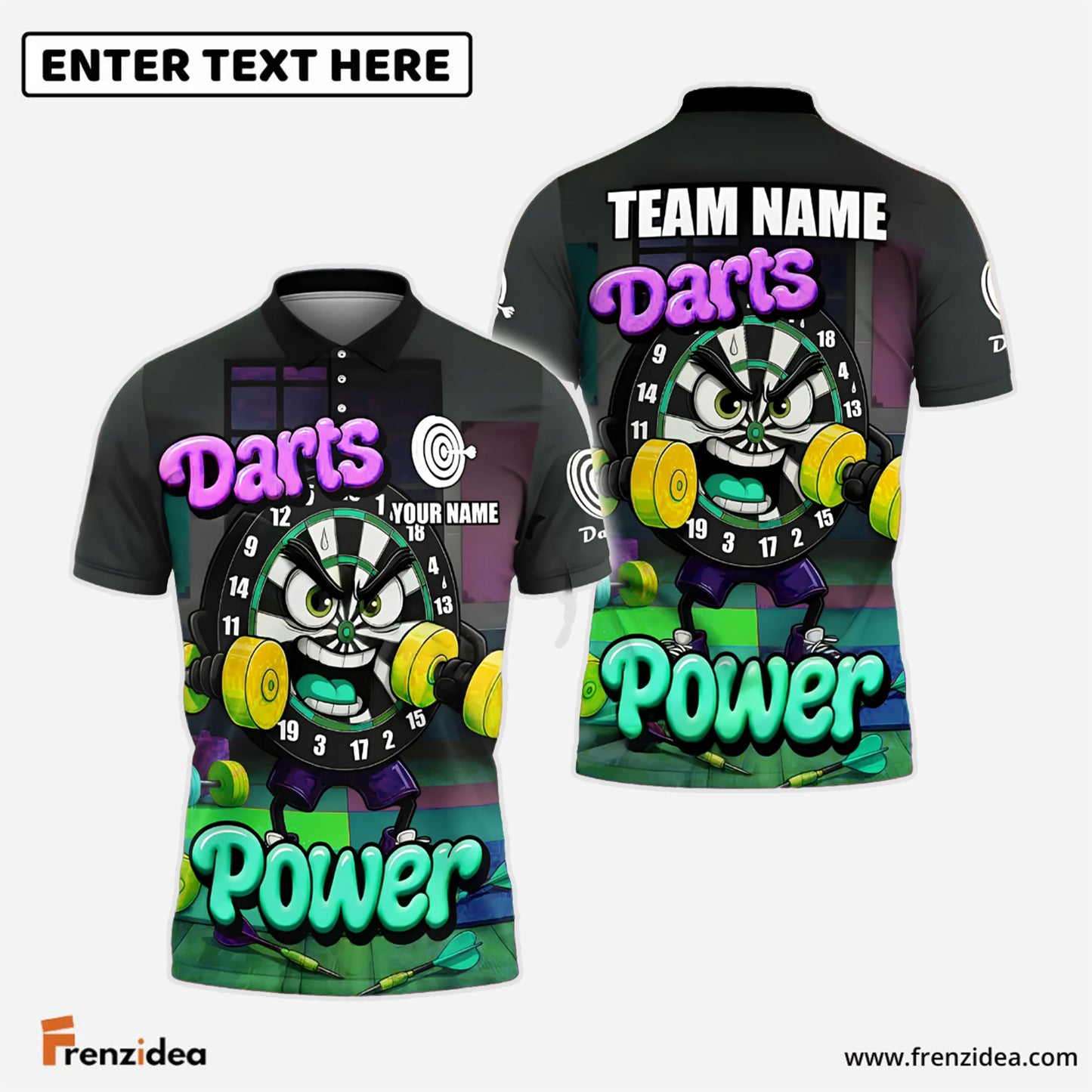 Frenzidea Darts Power Gym-Themed Cartoon Personalized Name, Team Name Shirt (4 Colors)