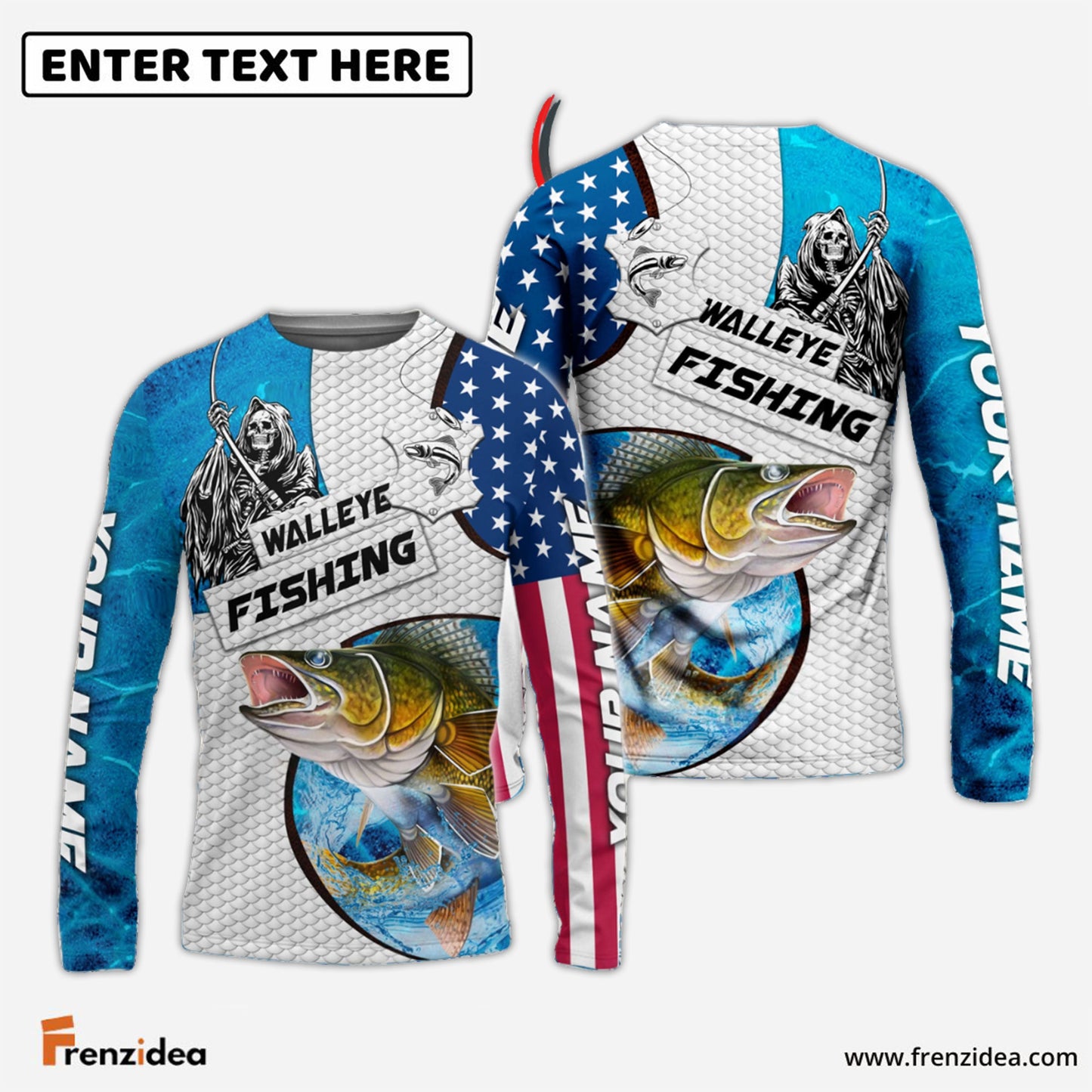 Frenzidea Customize Name Walleye Fishing Reaper Blue Water 3D Shirts