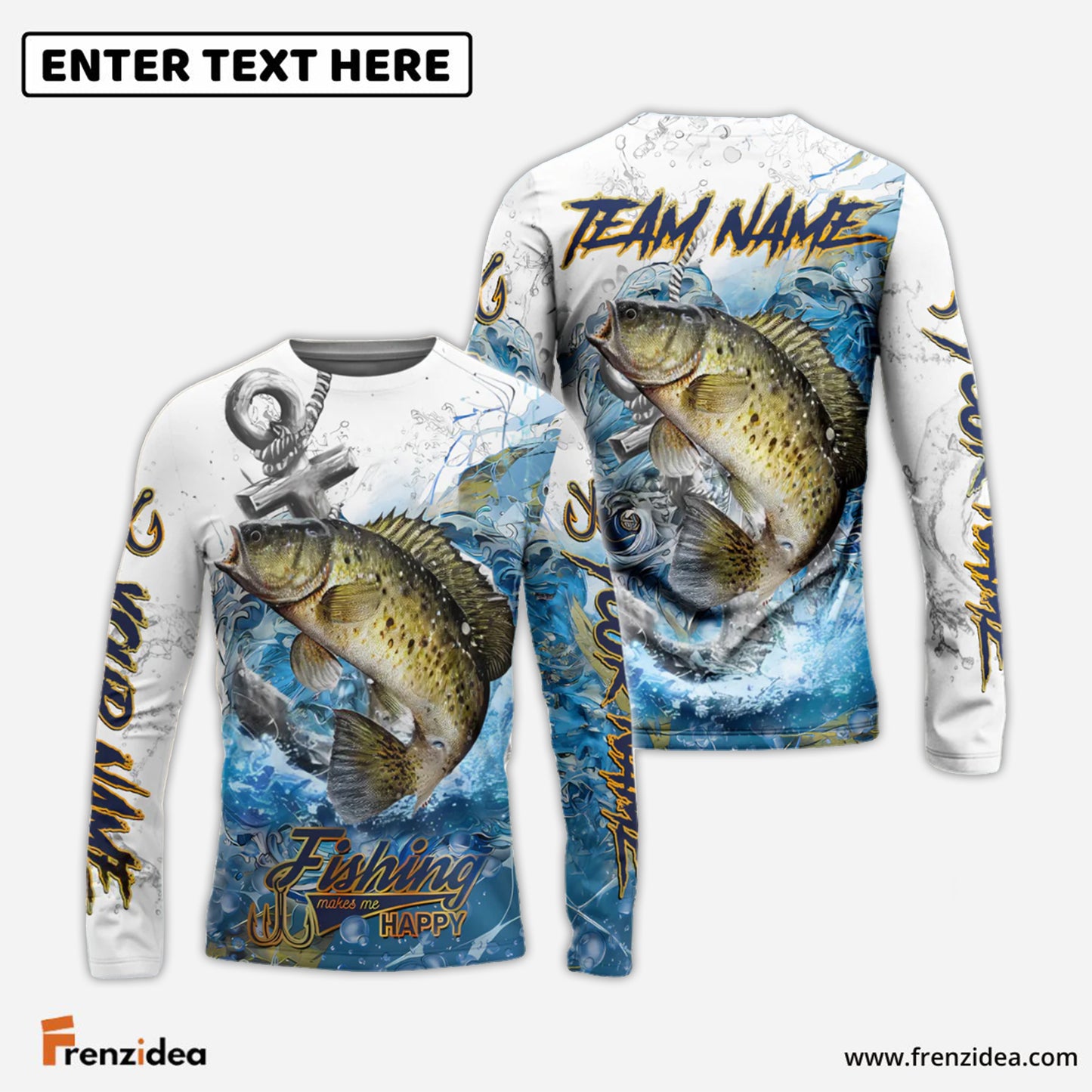 Frenzidea Crappie Fishing Anchor Ocean Splash Design Name & Team Name 3D Shirts