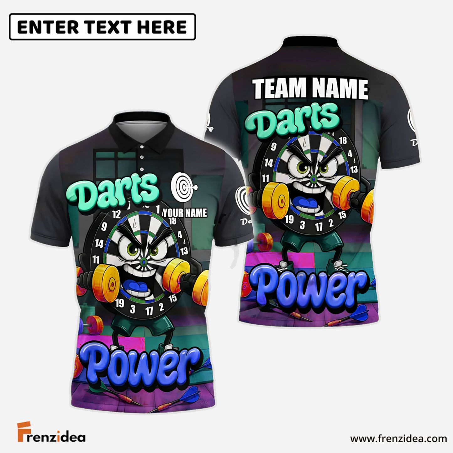 Frenzidea Darts Power Gym-Themed Cartoon Personalized Name, Team Name Shirt (4 Colors)