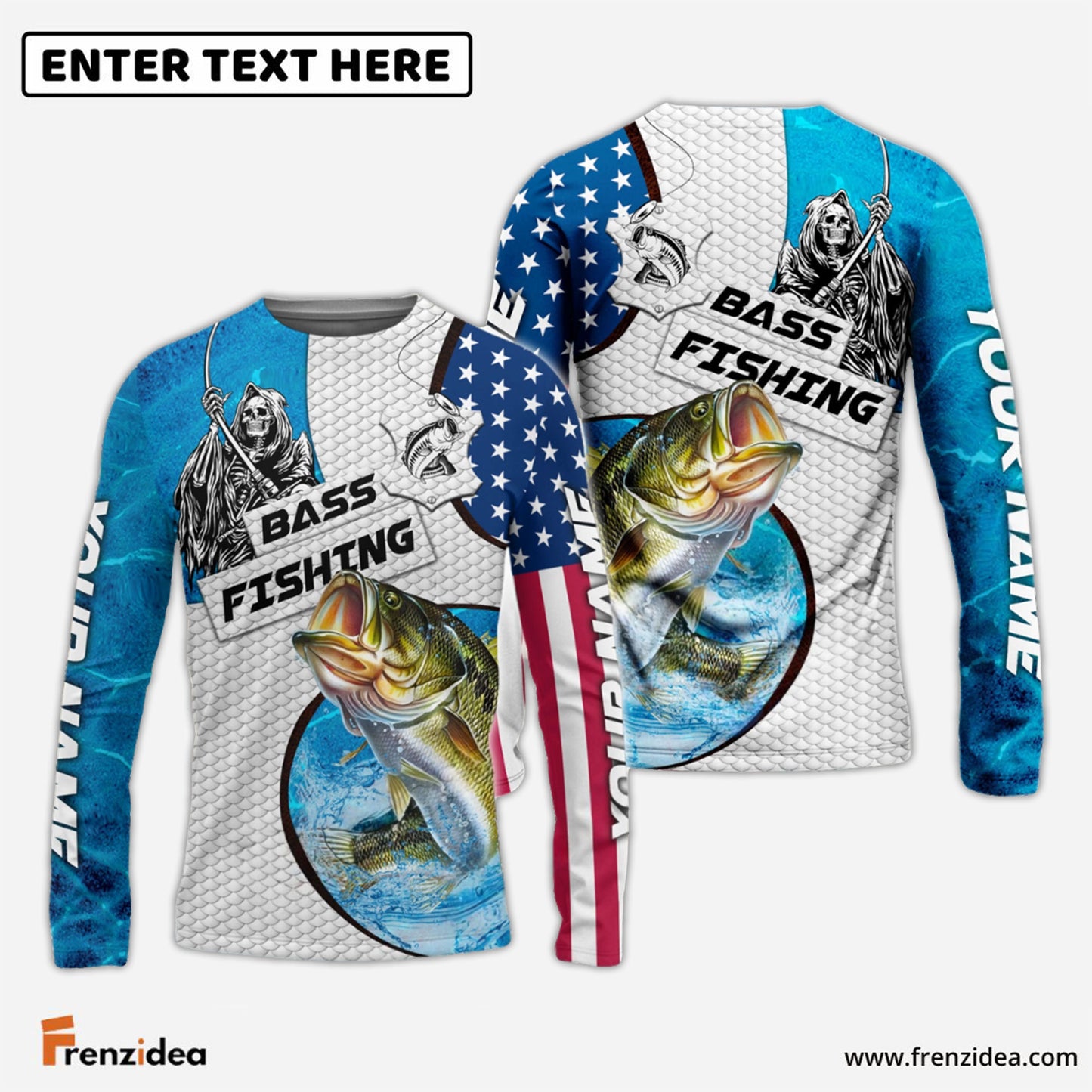 Frenzidea Customize Name Bass Fishing Reaper Blue Water 3D Shirts
