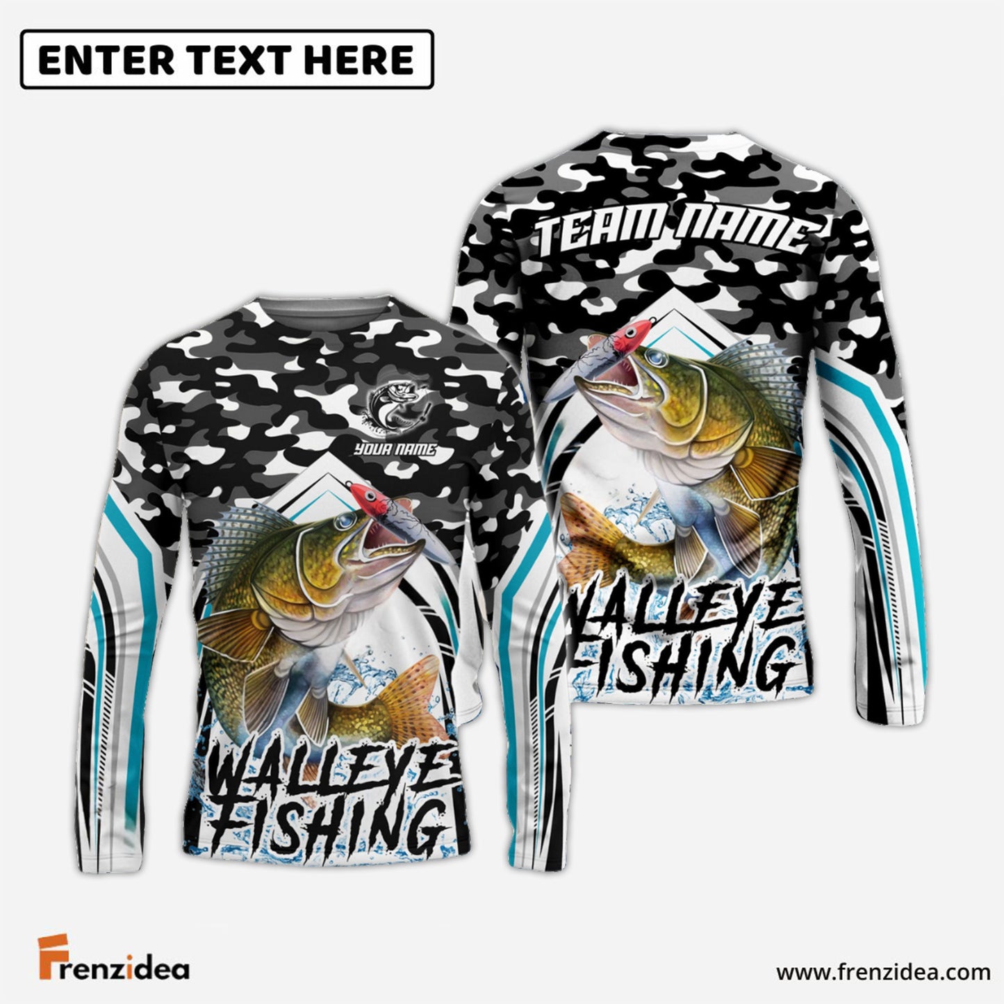Frenzidea Walleye Fishing Black Camo Sport Custom Name & Team Name 3D Shirts