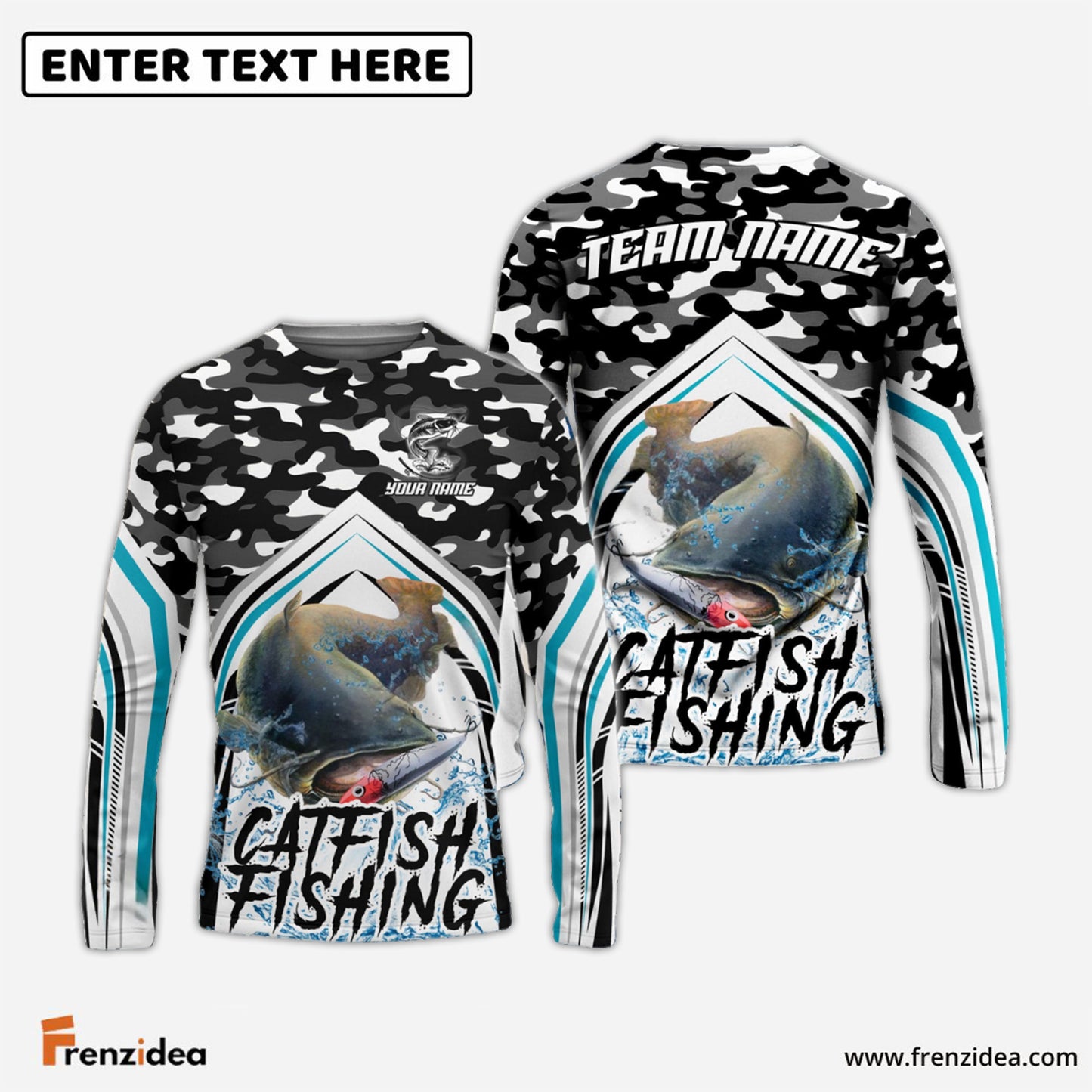 Frenzidea Catfish Fishing Black Camo Sport Custom Name & Team Name 3D Shirts