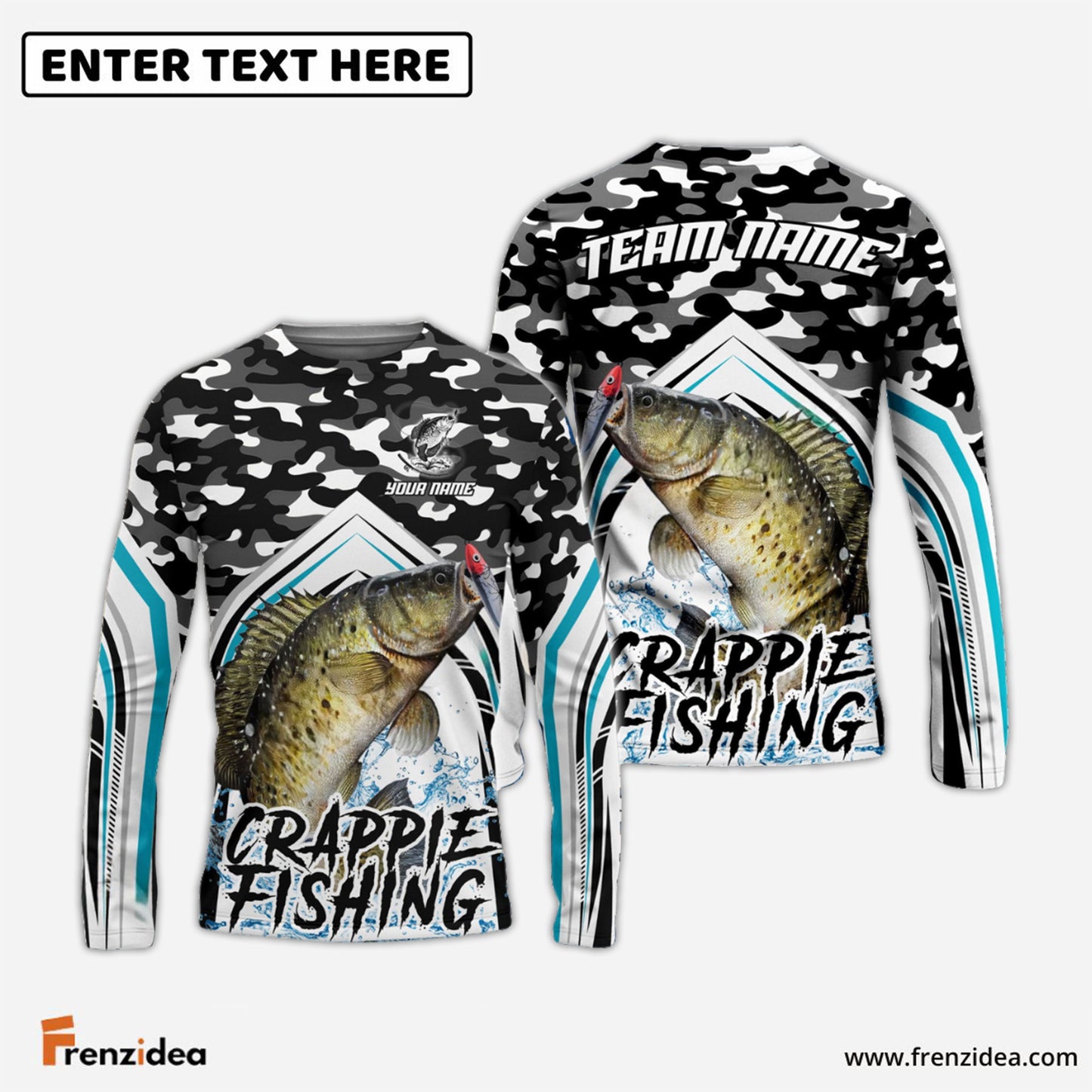 Frenzidea Crappie Fishing Black Camo Sport Custom Name & Team Name 3D Shirts