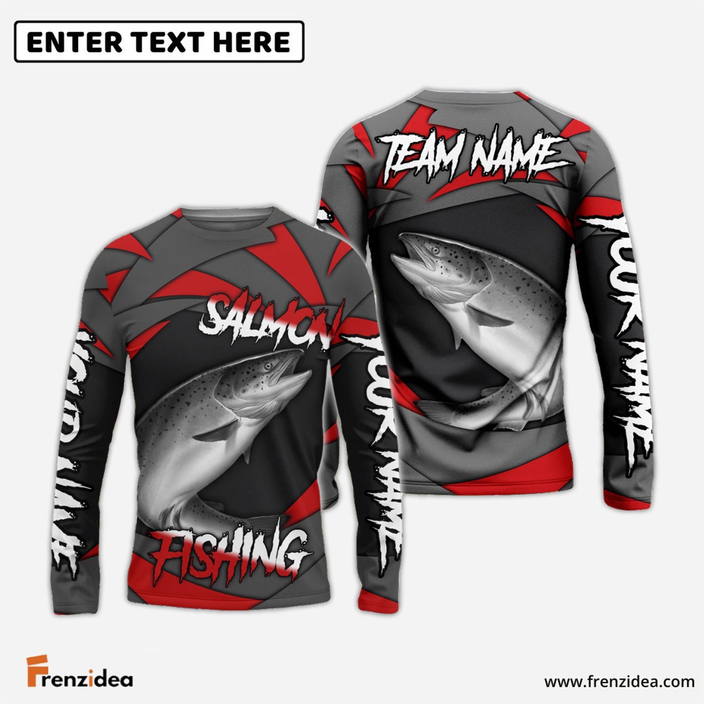 Frenzidea Salmon Fishing Red Gray Spinning Pattern Custom Name & Team Name 3D Shirts