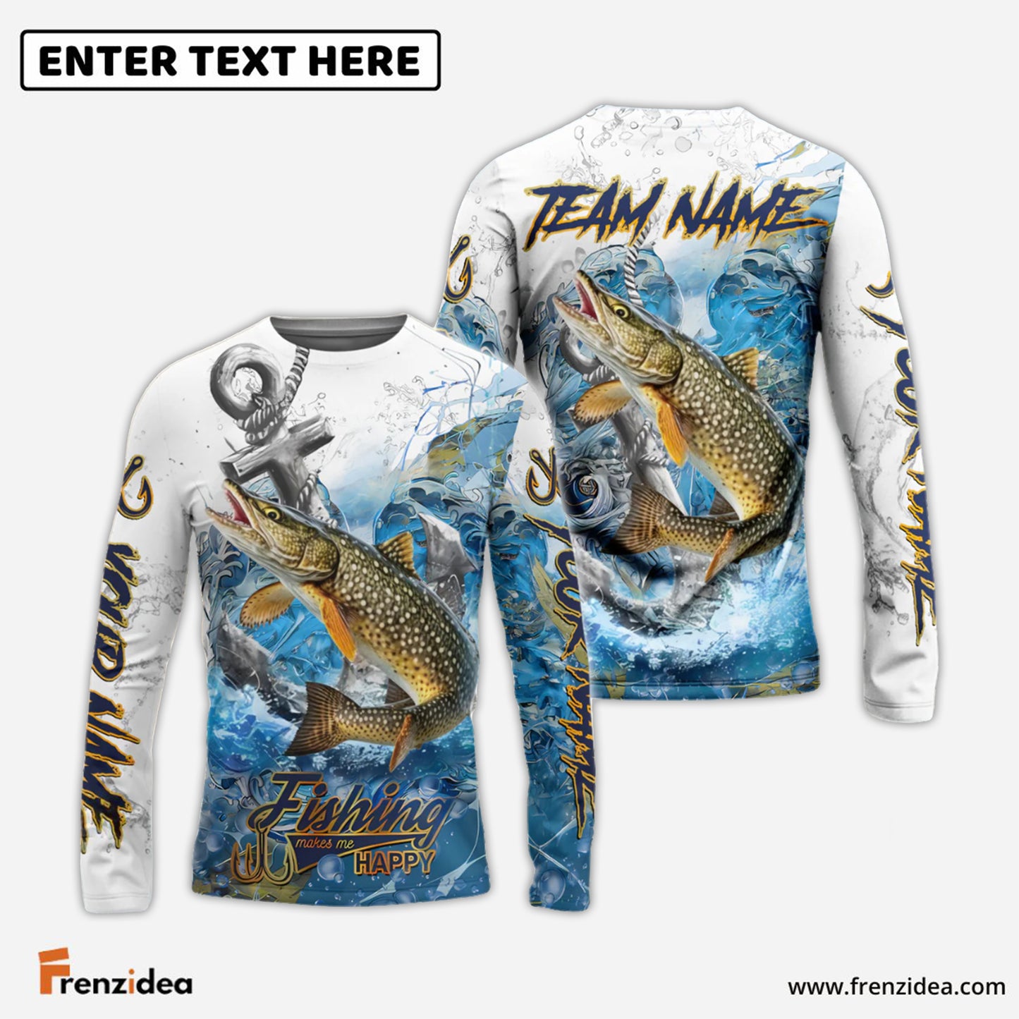 Frenzidea Pike Fishing Anchor Ocean Splash Design Name & Team Name 3D Shirts