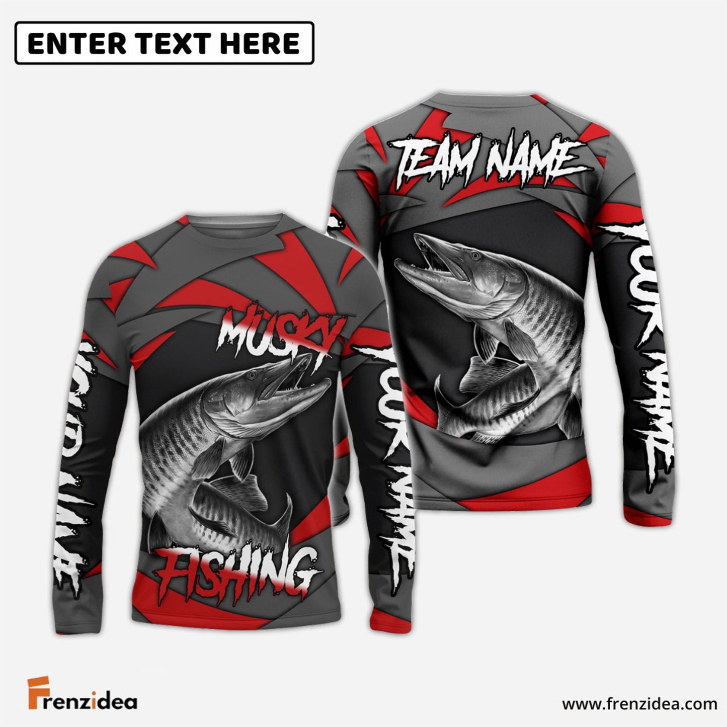 Frenzidea Musky Fishing Red Gray Spinning Pattern Custom Name & Team Name 3D Shirts