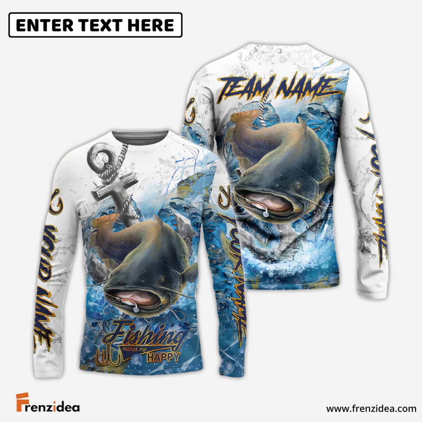 Frenzidea Catfish Fishing Anchor Ocean Splash Design Name & Team Name 3D Shirts