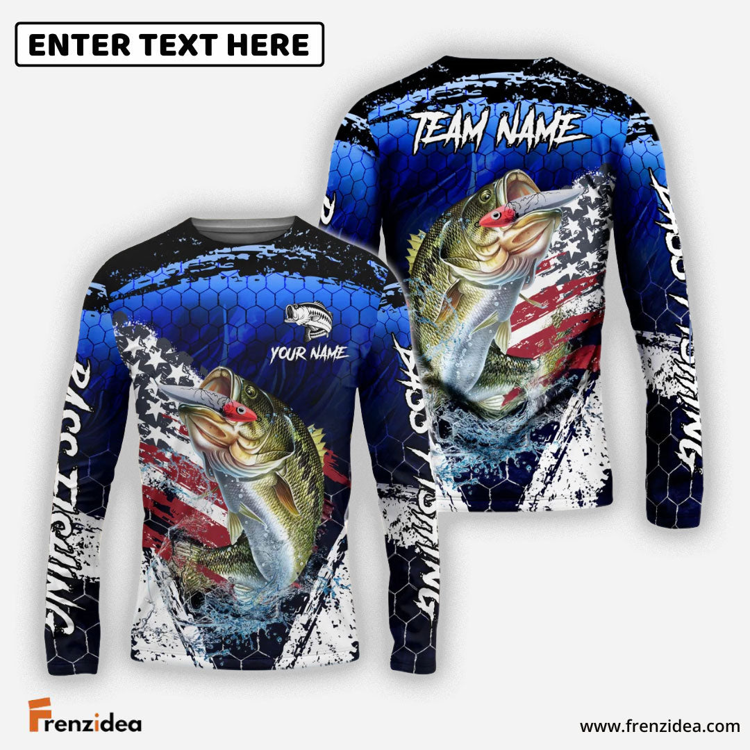 Frenzidea Bass Fishing Fishing Dark Blue Scratch American Flag scratch Sport Custom Name & Team Name 3D Shirts