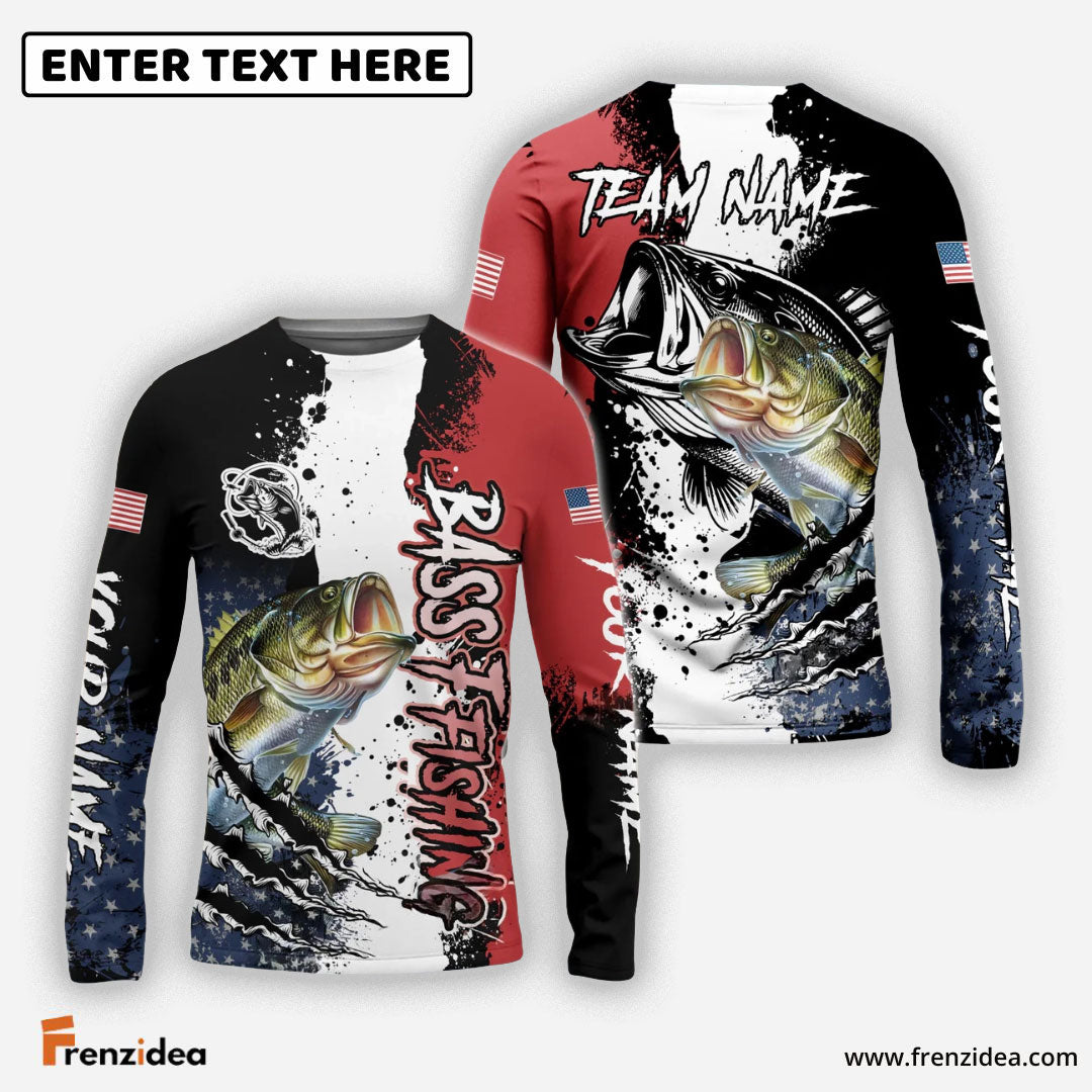 Frenzidea Bass Fishing Paint Scratch American Flag scratch Sport Custom Name & Team Name 3D Shirts