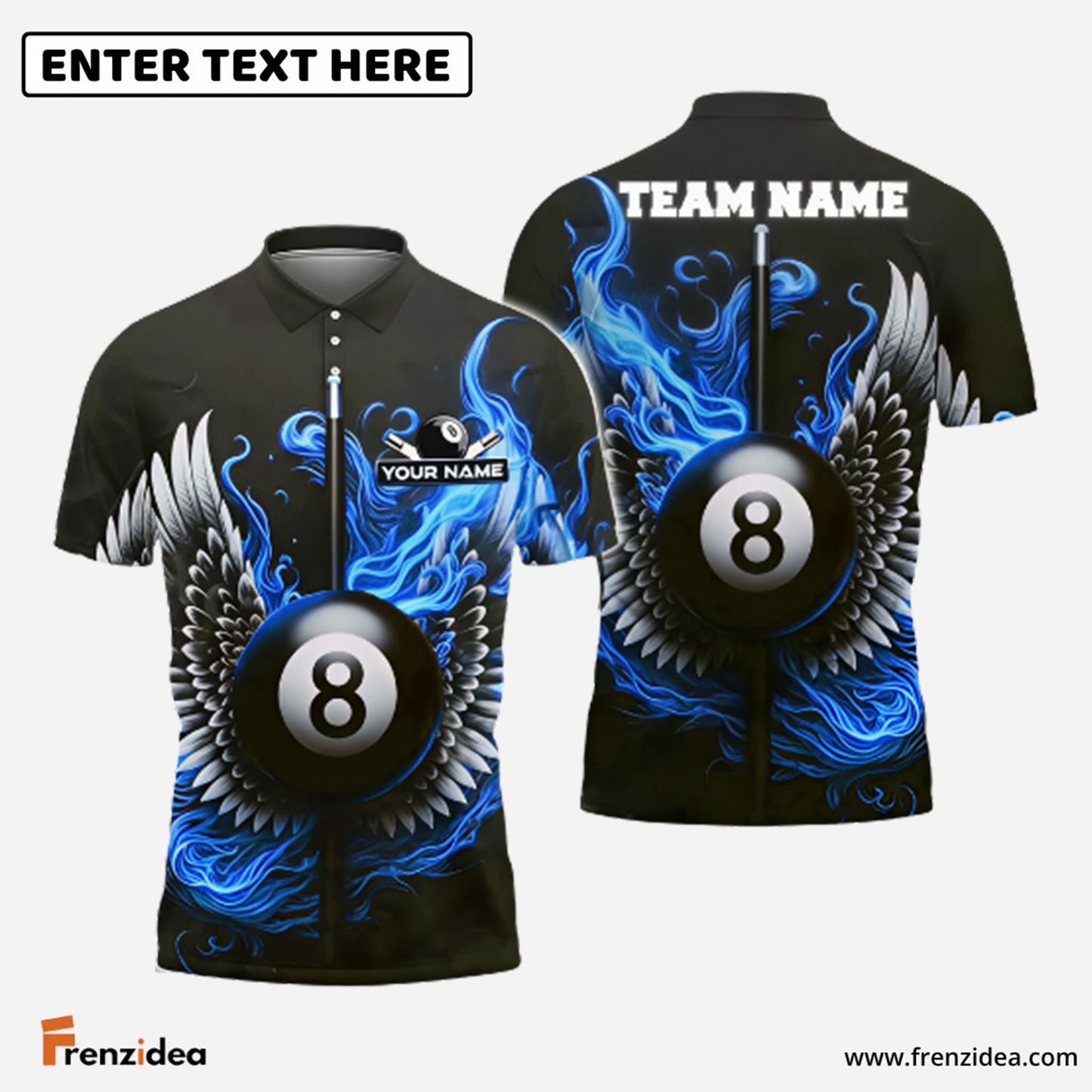 Frenzidea Billiards Flaming Wings 8-Ball Personalized Name Shirt (4 Colors)