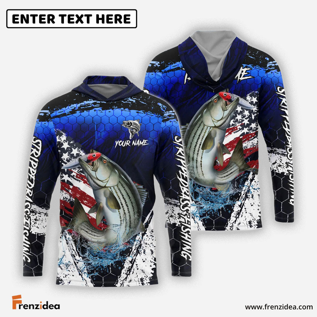 Frenzidea Striped Bass Fishing Dark Blue Scratch American Flag scratch Sport Custom Name & Team Name 3D Shirts