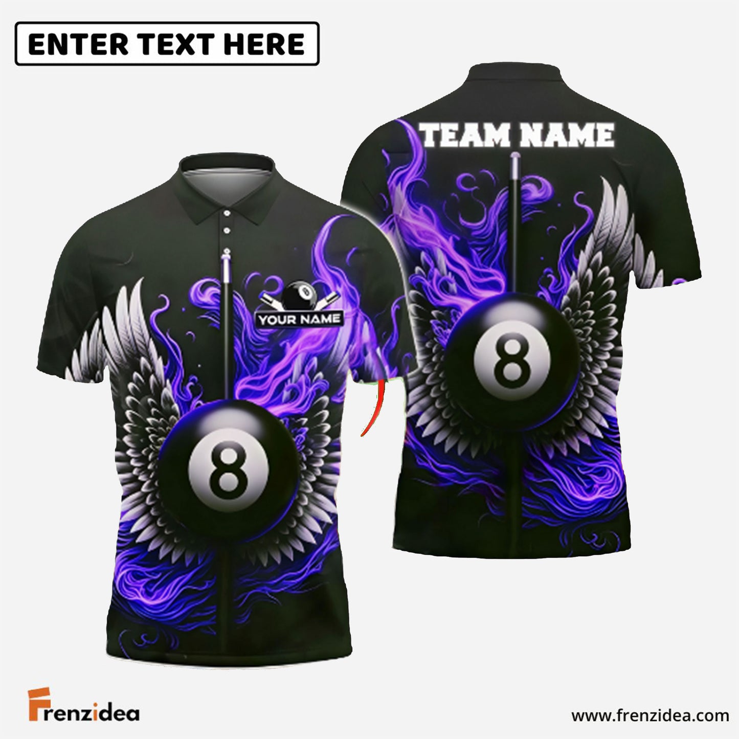 Frenzidea Billiards Flaming Wings 8-Ball Personalized Name Shirt (4 Colors)