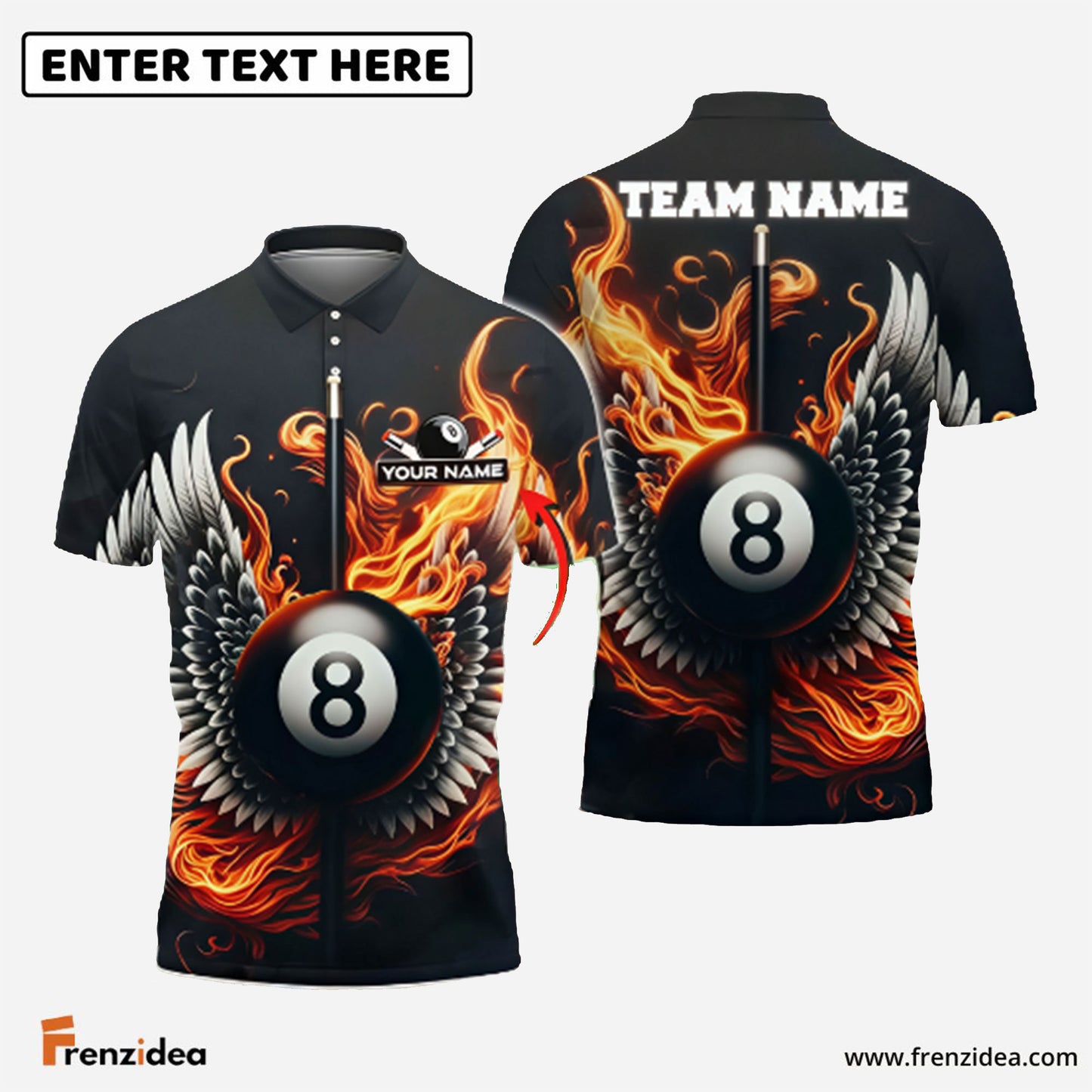 Frenzidea Billiards Flaming Wings 8-Ball Personalized Name Shirt (4 Colors)