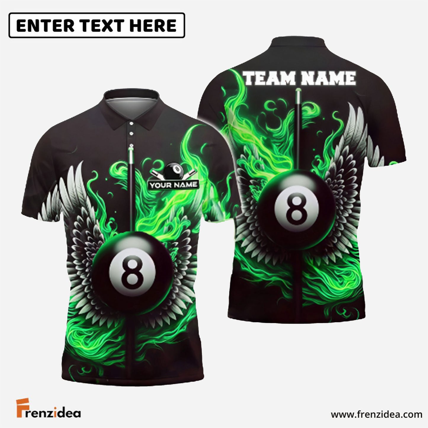 Frenzidea Billiards Flaming Wings 8-Ball Personalized Name Shirt (4 Colors)