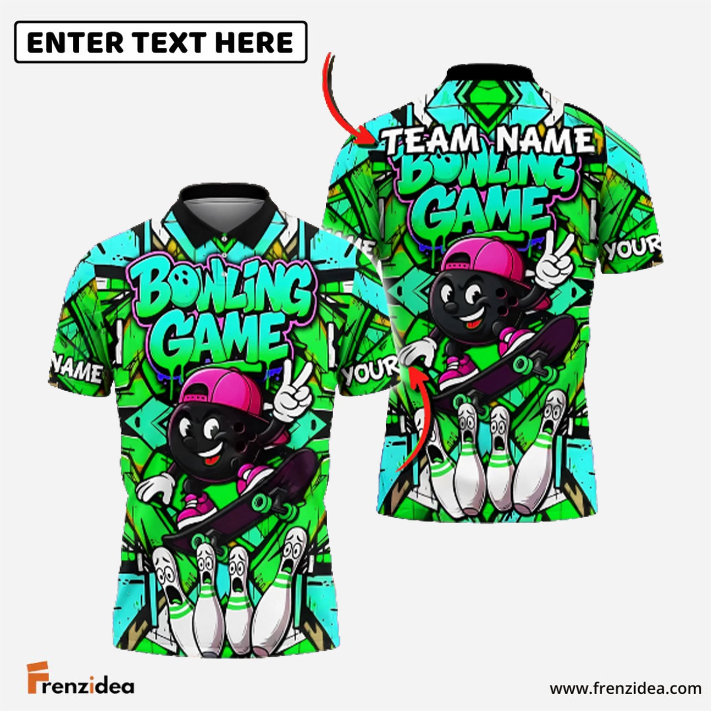 Frenzidea Bowling And Pins Skateboarding Graffiti Street Style Customized Name, Team Name 3D Shirt (4 Colors)
