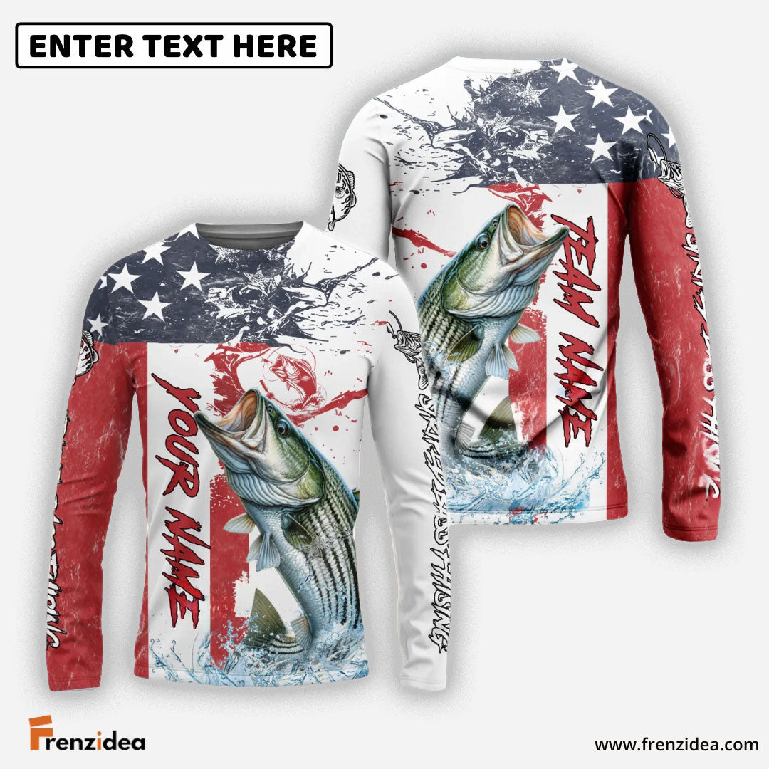 Frenzidea Striped Bass Fishing American Flag Red Blue Seawave Custom Name & Team Name 3D Shirts