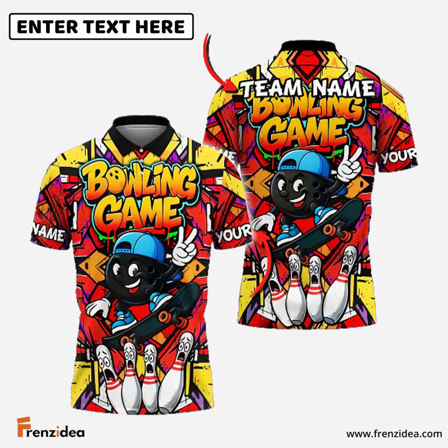 Frenzidea Bowling And Pins Skateboarding Graffiti Street Style Customized Name, Team Name 3D Shirt (4 Colors)