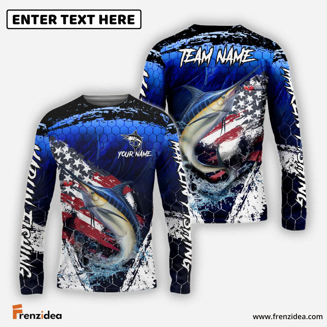 Frenzidea Marlin Fishing Dark Blue Scratch American Flag scratch Sport Custom Name & Team Name 3D Shirts