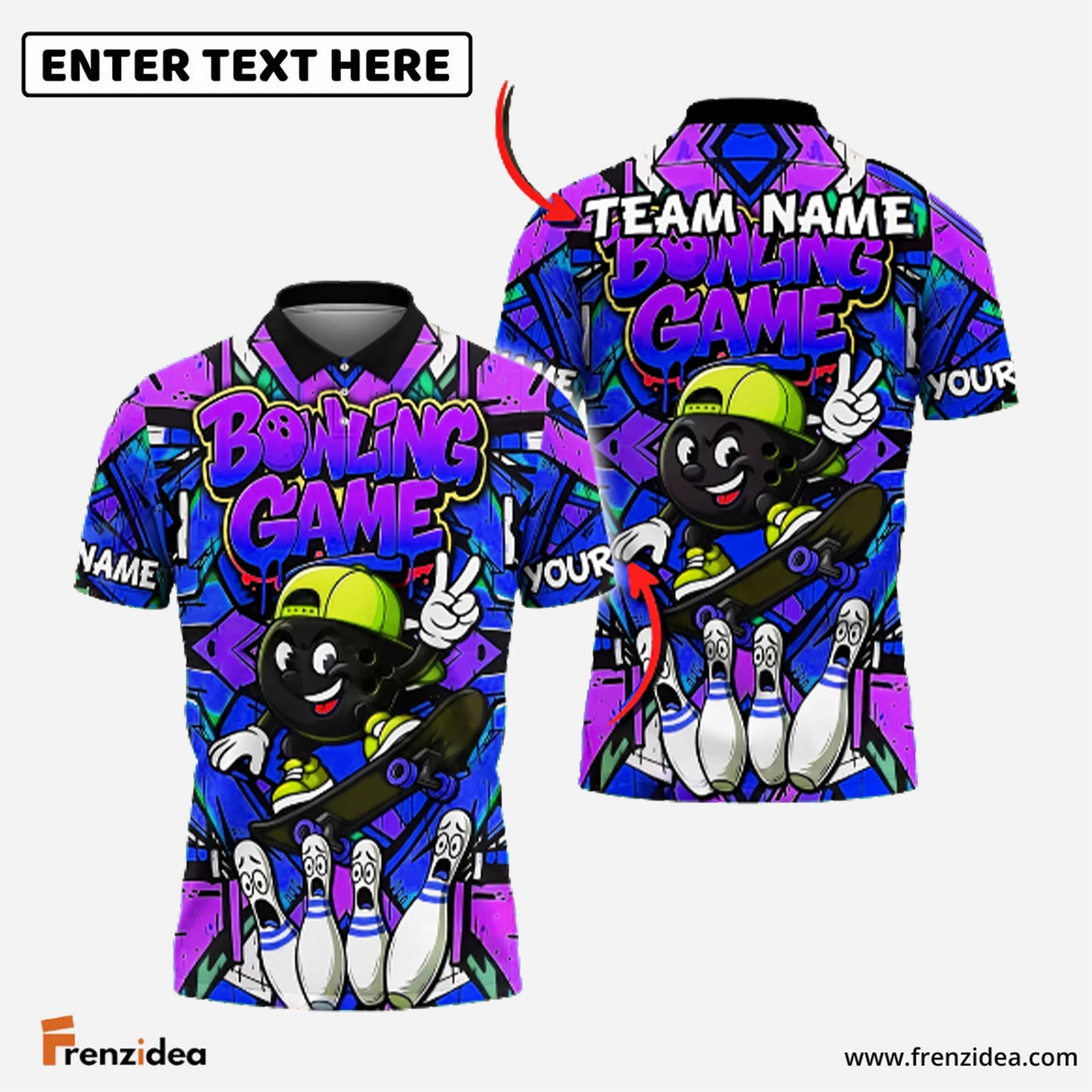 Frenzidea Bowling And Pins Skateboarding Graffiti Street Style Customized Name, Team Name 3D Shirt (4 Colors)