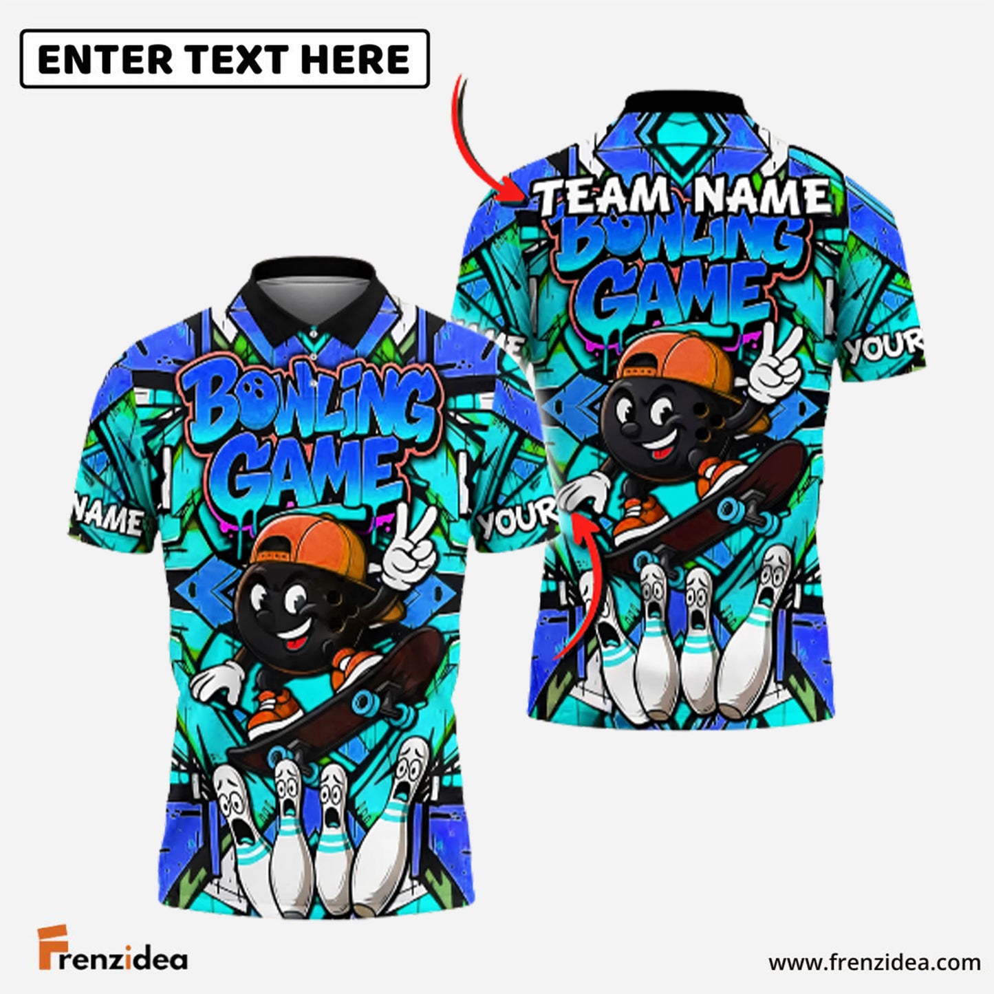 Frenzidea Bowling And Pins Skateboarding Graffiti Street Style Customized Name, Team Name 3D Shirt (4 Colors)