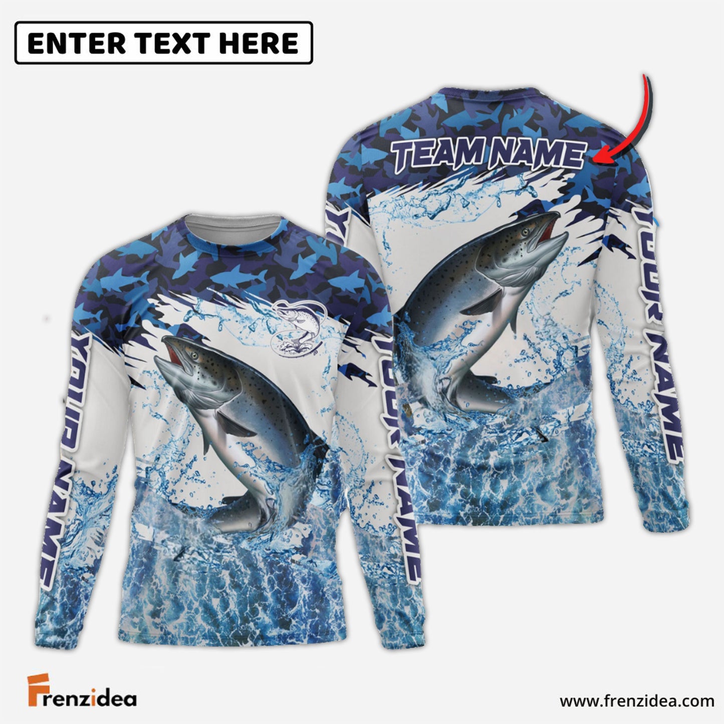 Frenzidea Salmon Fishing Blue Camo Clear Water Custom Name & Team Name 3D Shirts
