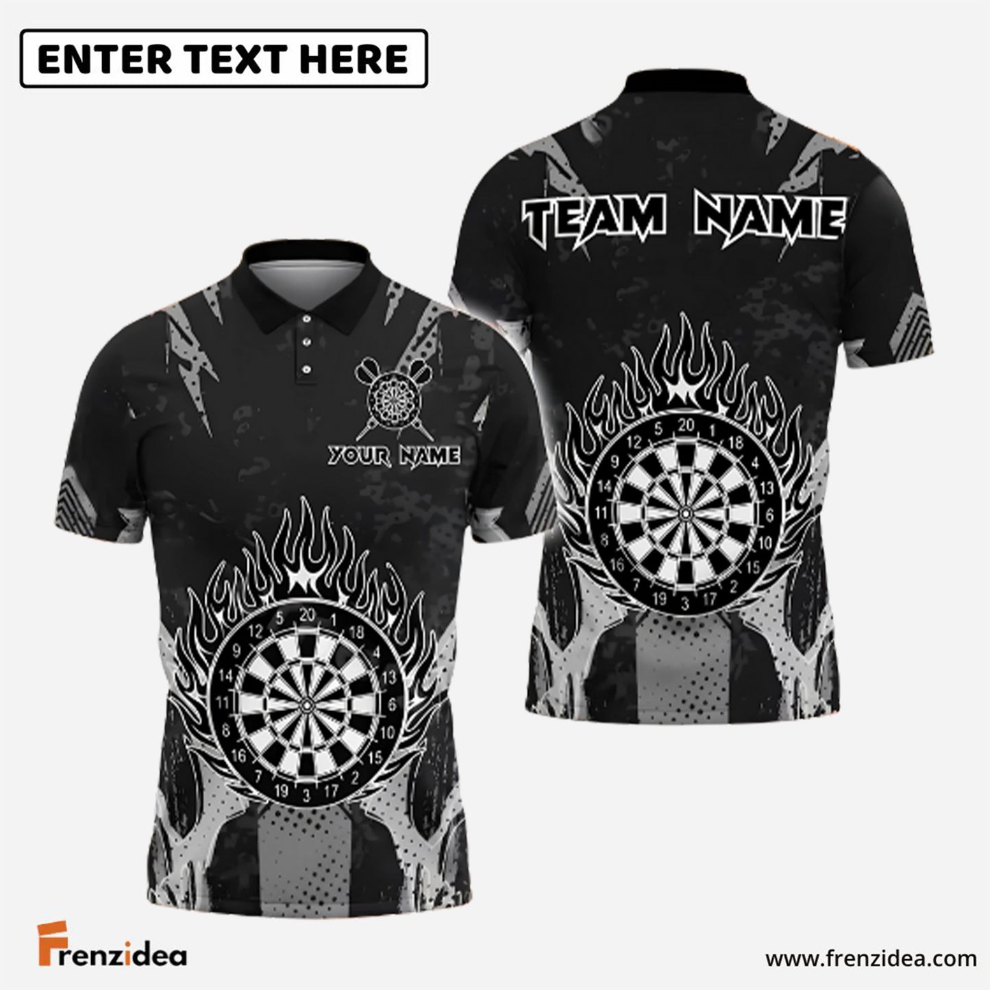 Frenzidea Grey Darts Fire Dartboard Personalized Name, Team Name Shirt