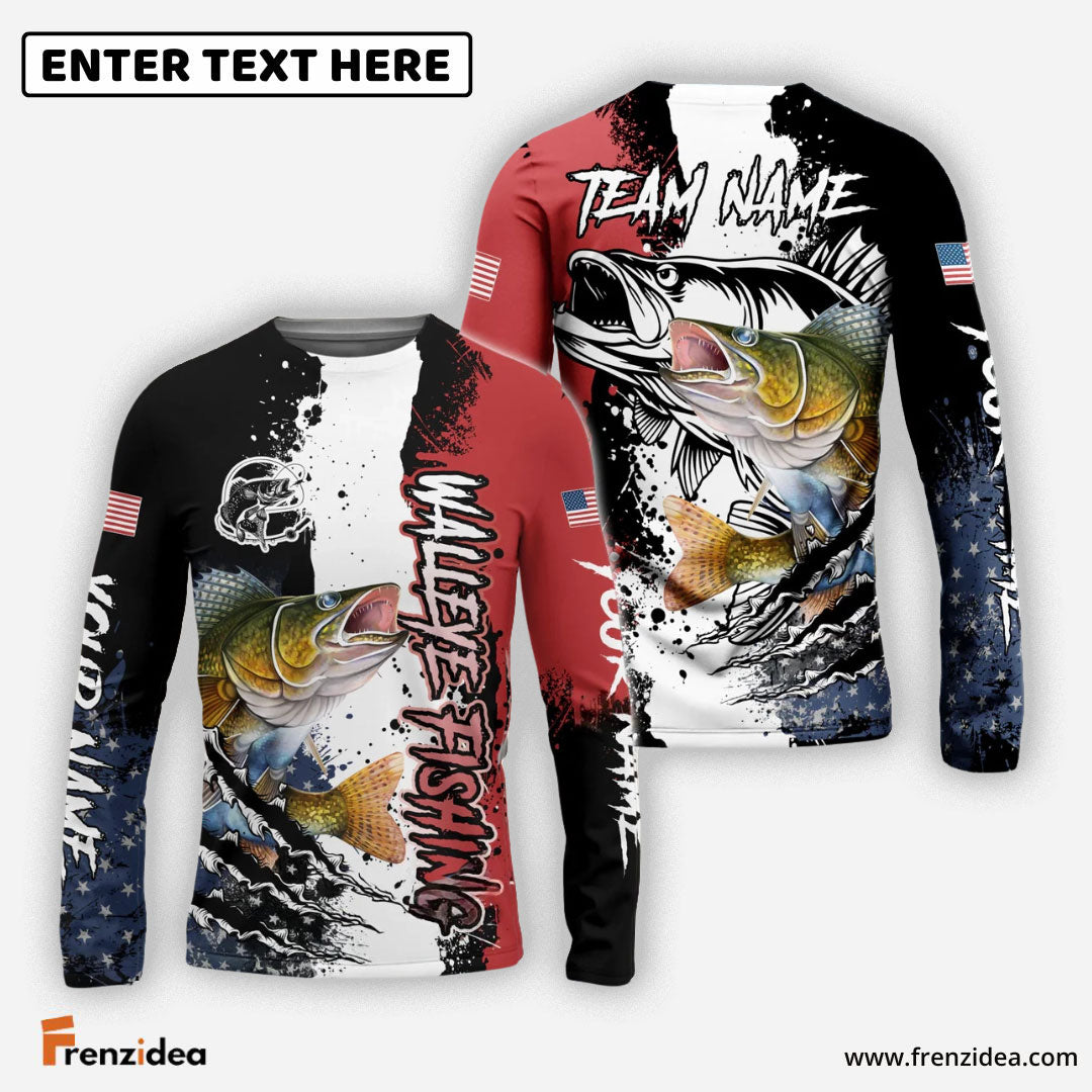 Frenzidea Walleye Fishing Paint Scratch American Flag scratch Sport Custom Name & Team Name 3D Shirts