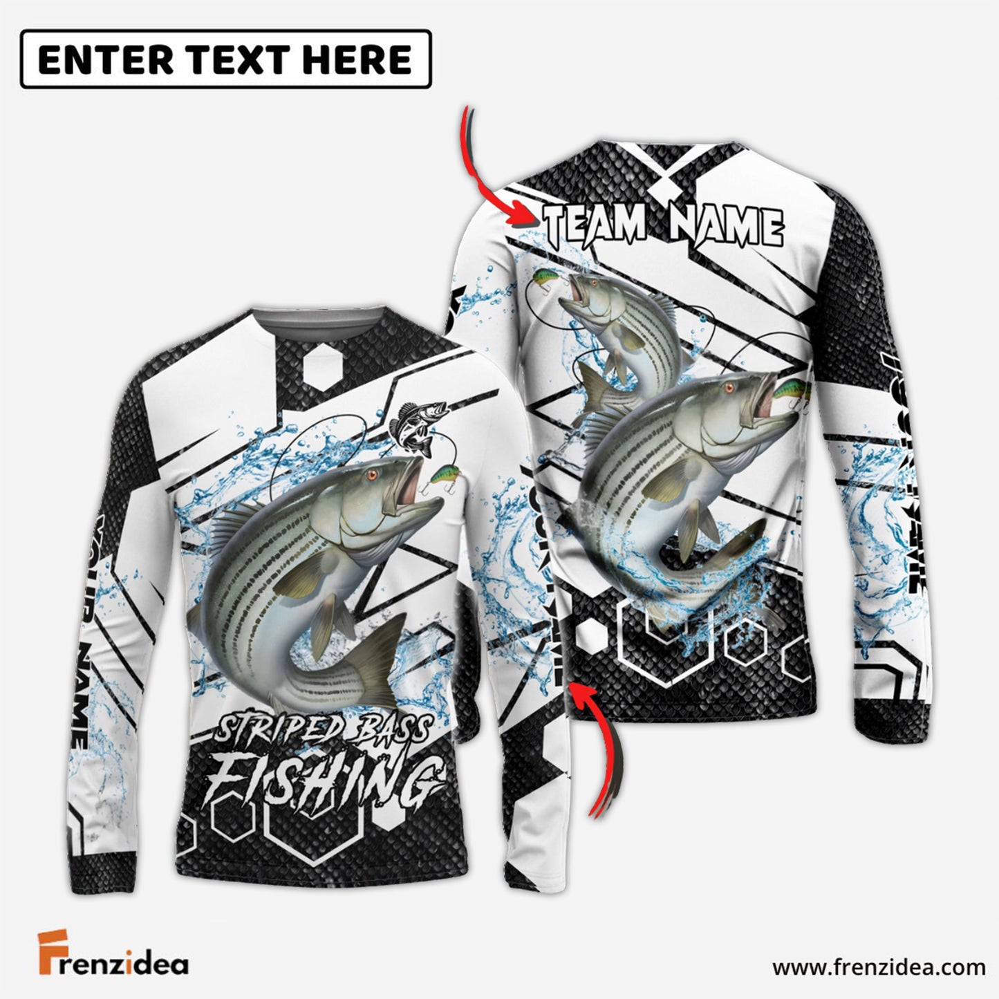 Frenzidea Striped Bass Fishing White Gray Black Hexagon Sport Custom Name & Team Name 3D Shirts