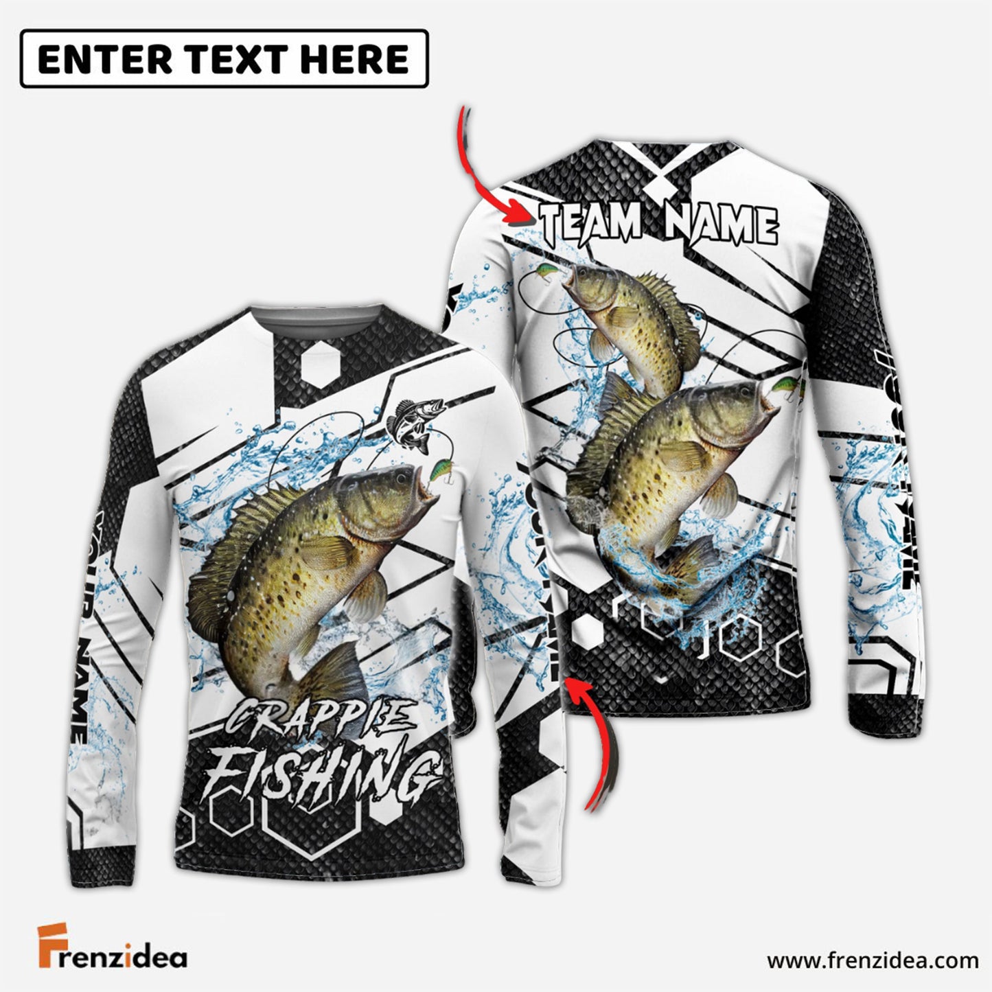 Frenzidea Crappie Fishing White Gray Black Hexagon Sport Custom Name & Team Name 3D Shirts