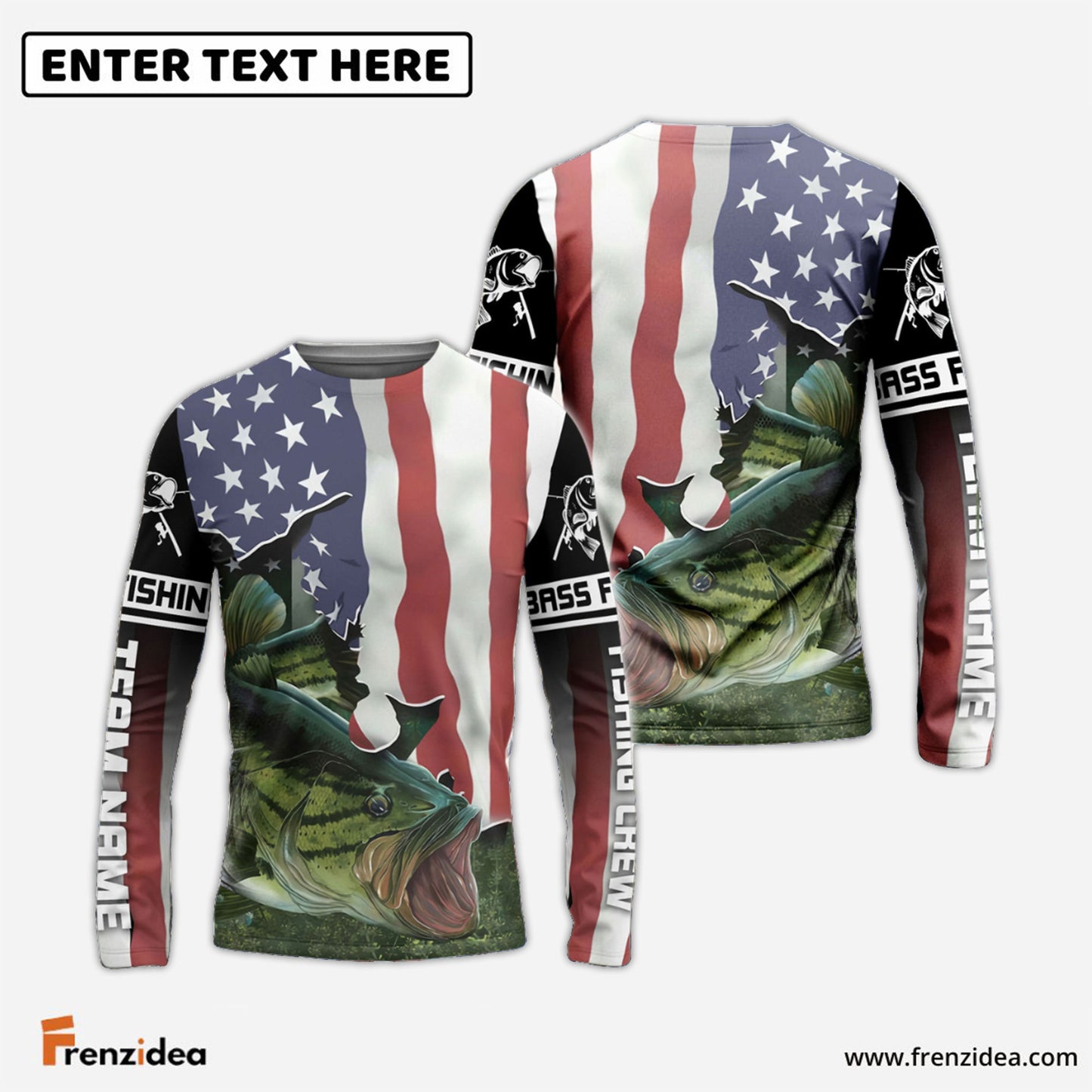 Frenzidea Bass Fishing Crew 3D Flying American Flag Patriot Customize Name 3D Shirts