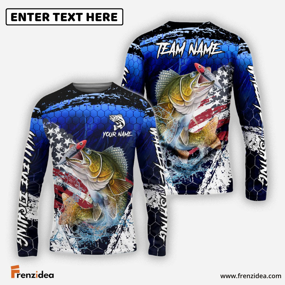 Frenzidea Walleye Fishing Dark Blue Scratch American Flag scratch Sport Custom Name & Team Name 3D Shirts